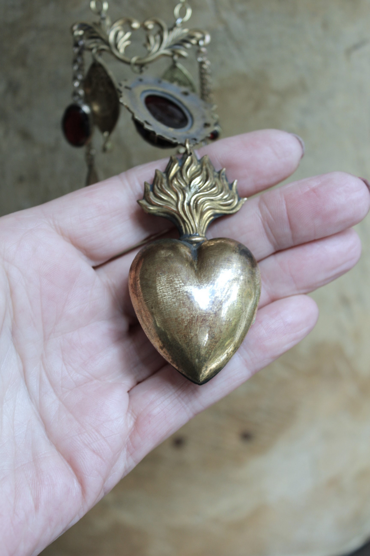 Antique Engraved Ex Voto Necklace with Amazing Faceted Blood of Christ Garnet,Marian Locket,Antique Medals & More!
