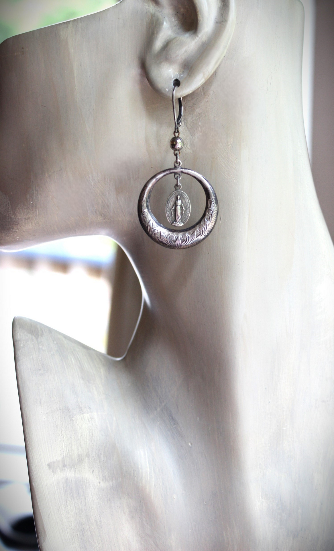 Beautiful Antique French Engraved Sterling Hoop Earrings with Tiny Antique French Marian Medals, Sterling Beads and Sterling Lever back Earring Wires