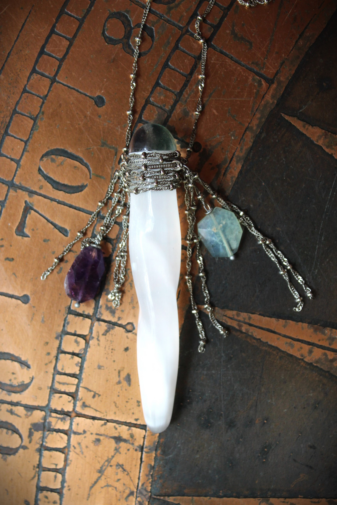 NEW! I Wish I could Show You Necklace with Fluorite Capped Selenite Wand, Faceted Fluorite Stones, Silver Bead Point Chain and Fringe