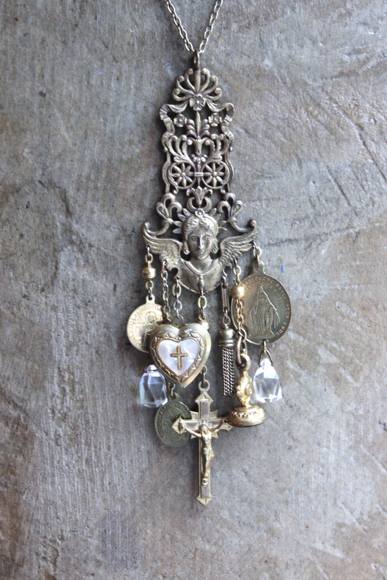 Watch Over You Necklace with Unique Angel Finding,RARE All Seeing Eye Gilt Wax Seal,Antique Medals,Vintage Heart Locket,Faceted Rock Crystal Drops & More!