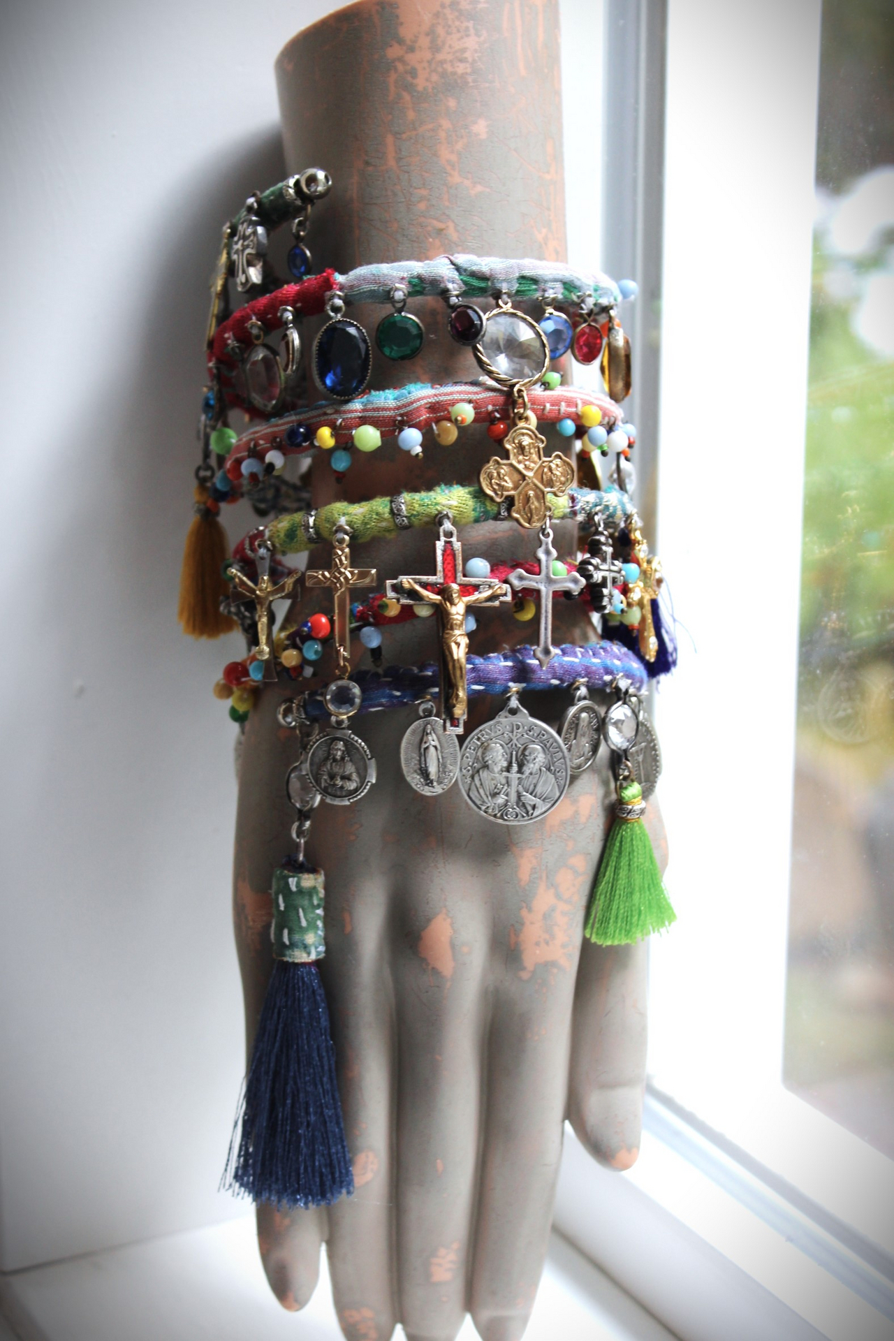 Joyful Deliverance Wrap Bracelet with Hand Stitched Kantha,Dozens of Antique Medals, Crosses, Faceted Crystals & Art Deco Glass Beads
