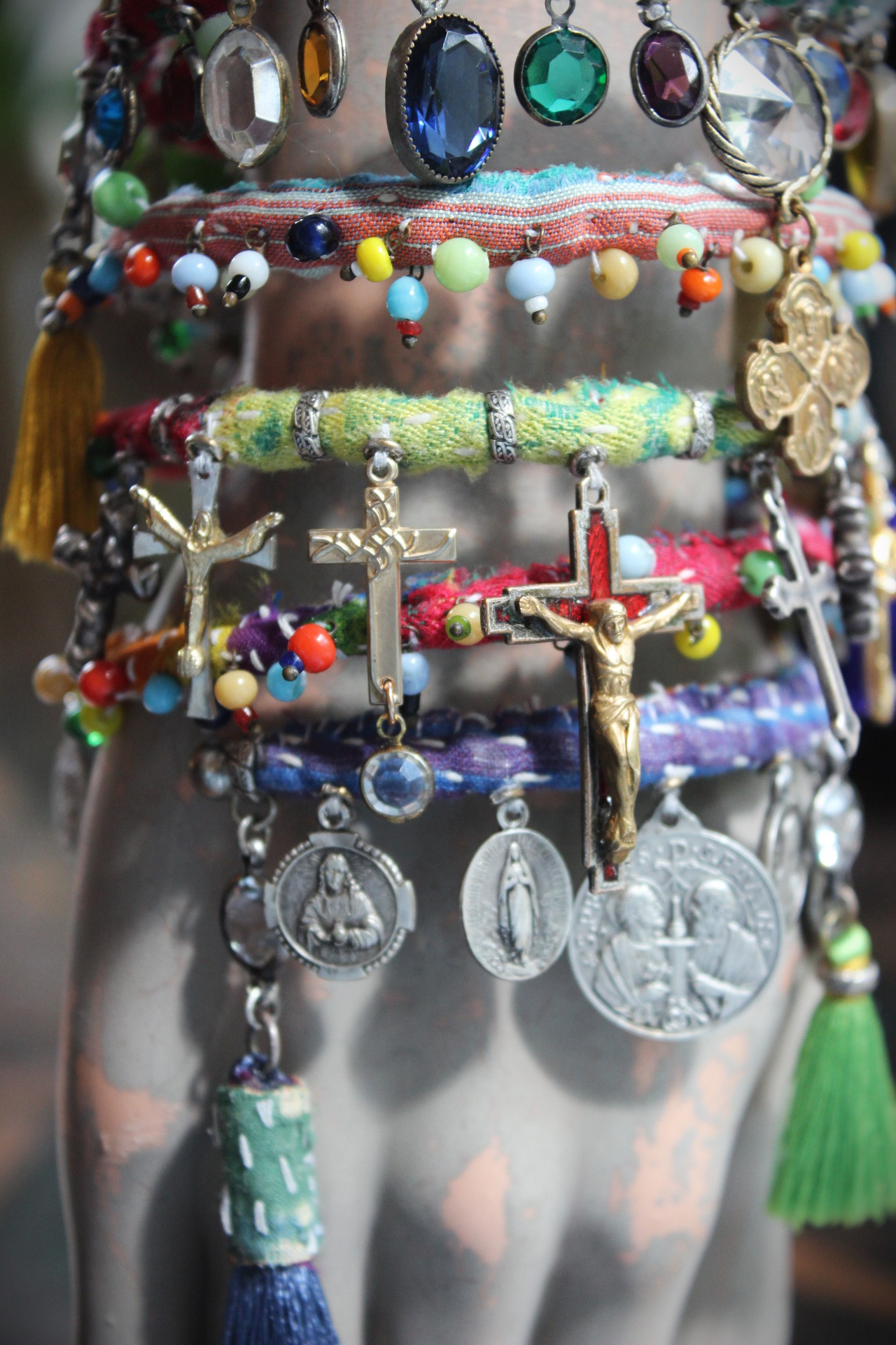 Joyful Deliverance Wrap Bracelet with Hand Stitched Kantha,Dozens of Antique Medals, Crosses, Faceted Crystals & Art Deco Glass Beads