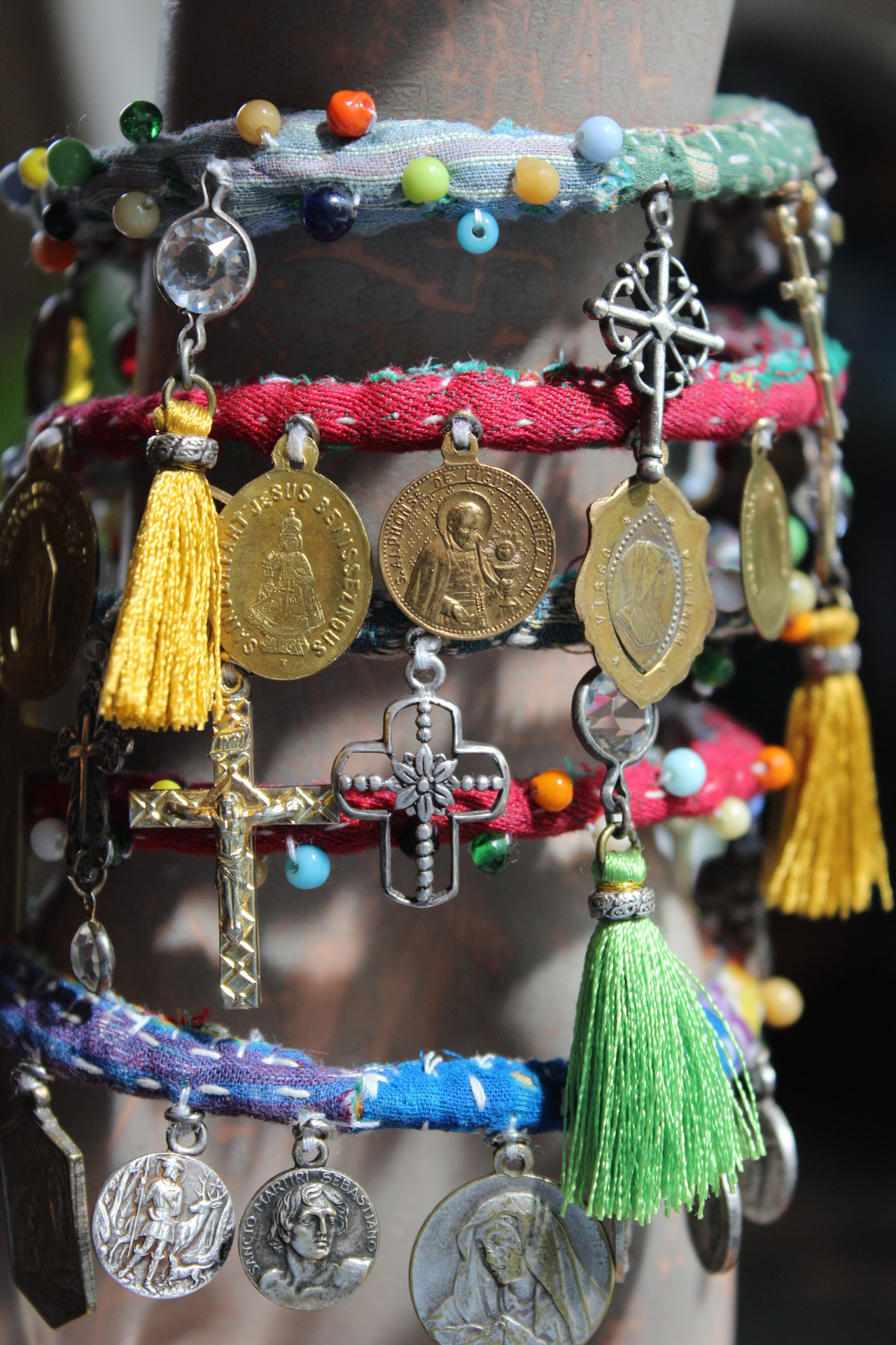 Joyful Deliverance Wrap Bracelet with Hand Stitched Kantha,Dozens of Antique Medals, Crosses, Faceted Crystals & Art Deco Glass Beads