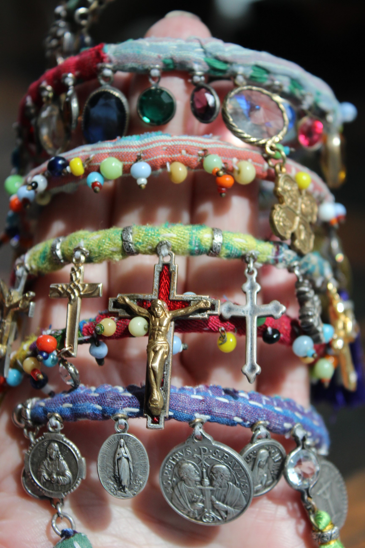 Joyful Deliverance Wrap Bracelet with Hand Stitched Kantha,Dozens of Antique Medals, Crosses, Faceted Crystals & Art Deco Glass Beads