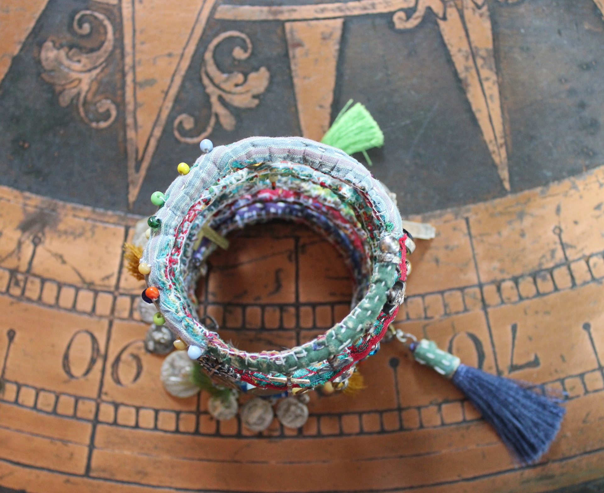 Joyful Deliverance Wrap Bracelet with Hand Stitched Kantha,Dozens of Antique Medals, Crosses, Faceted Crystals & Art Deco Glass Beads