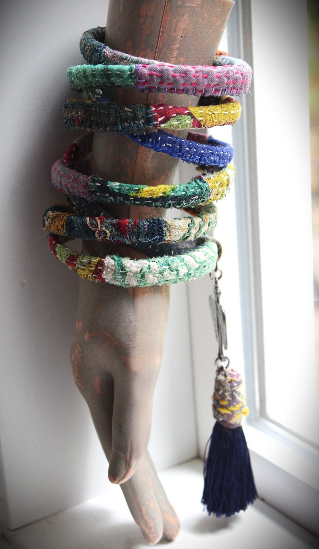Infinite Possibilities Coiled Kantha & Embroidered Lambani Textile Bracelet with Dove of Peace Medal and Silk Tassel