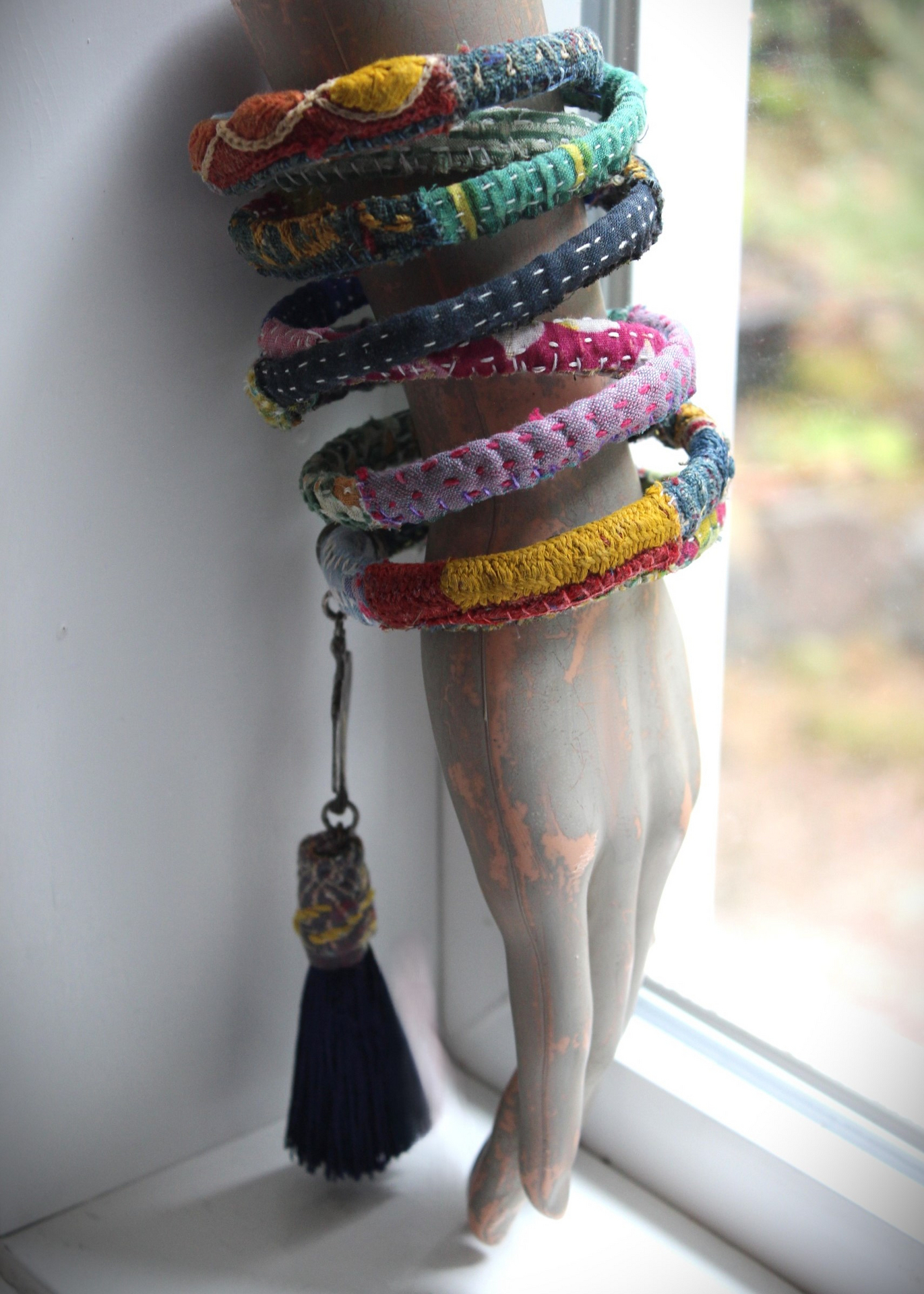 Infinite Possibilities Coiled Kantha & Embroidered Lambani Textile Bracelet with Dove of Peace Medal and Silk Tassel