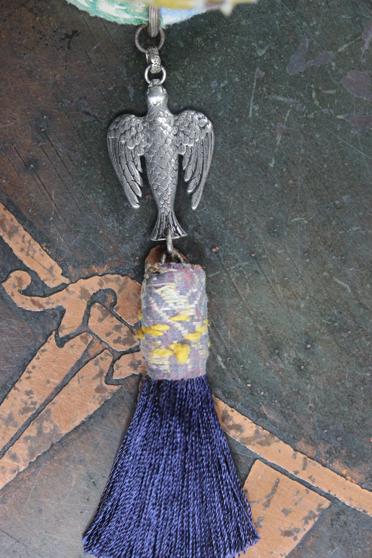 Infinite Possibilities Coiled Kantha & Embroidered Lambani Textile Bracelet with Dove of Peace Medal and Silk Tassel