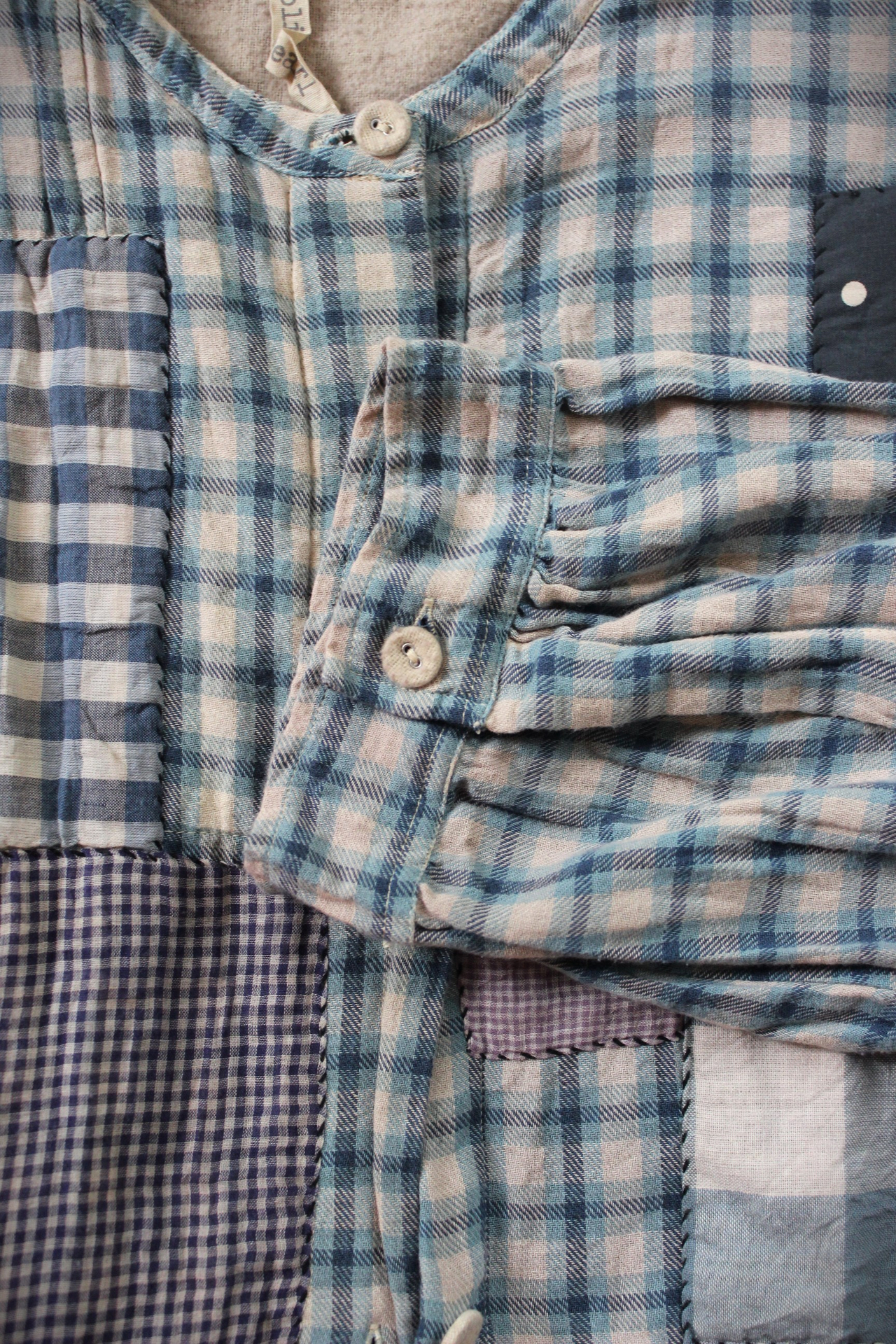 Magnolia Pearl Flannel Cotton Patchwork Shirt with Hand Stitching, Fabric Covered Buttons and 3 Quarter Length Sleeves