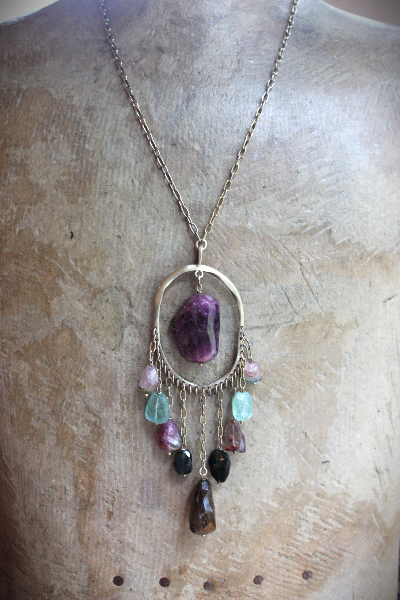 NEW! Brave Soul Necklace with 10 Faceted Tourmaline Gemstones, Unique Freeform Connector, Vintage Link Chain & Toggle Clasp