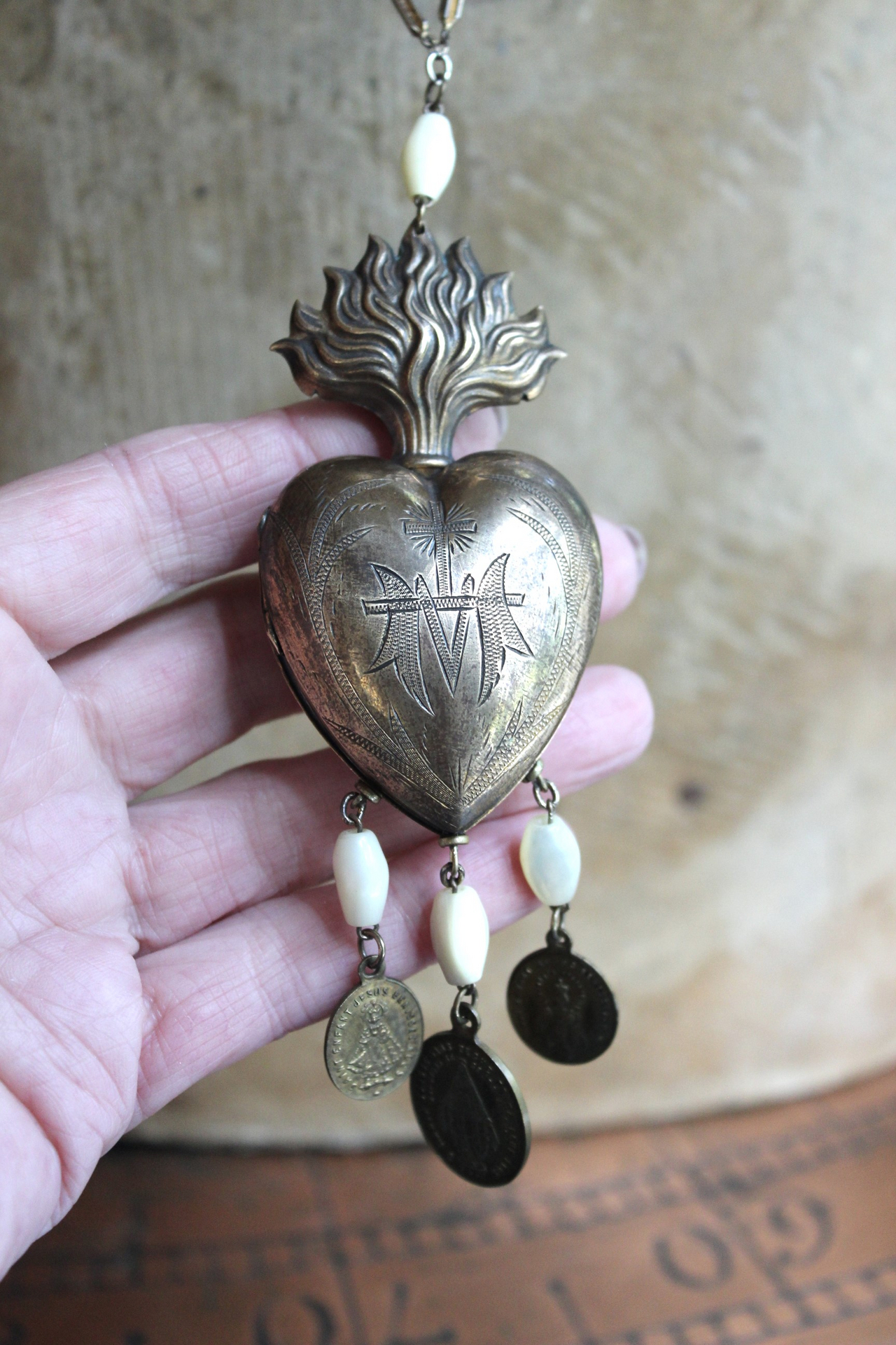 Antique French Marian Flaming Heart Ex Voto Locket Necklace with Antique French Medals, Antique Rosary Mother of Pearl Beads,Unique Antique Chain