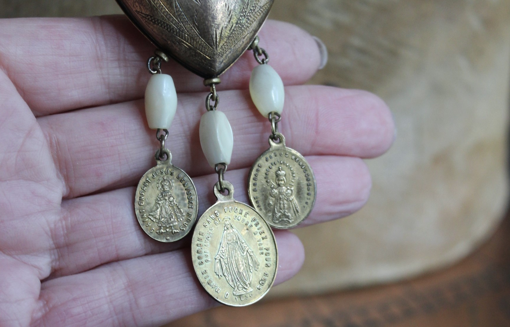 Antique French Marian Flaming Heart Ex Voto Locket Necklace with Antique French Medals, Antique Rosary Mother of Pearl Beads,Unique Antique Chain