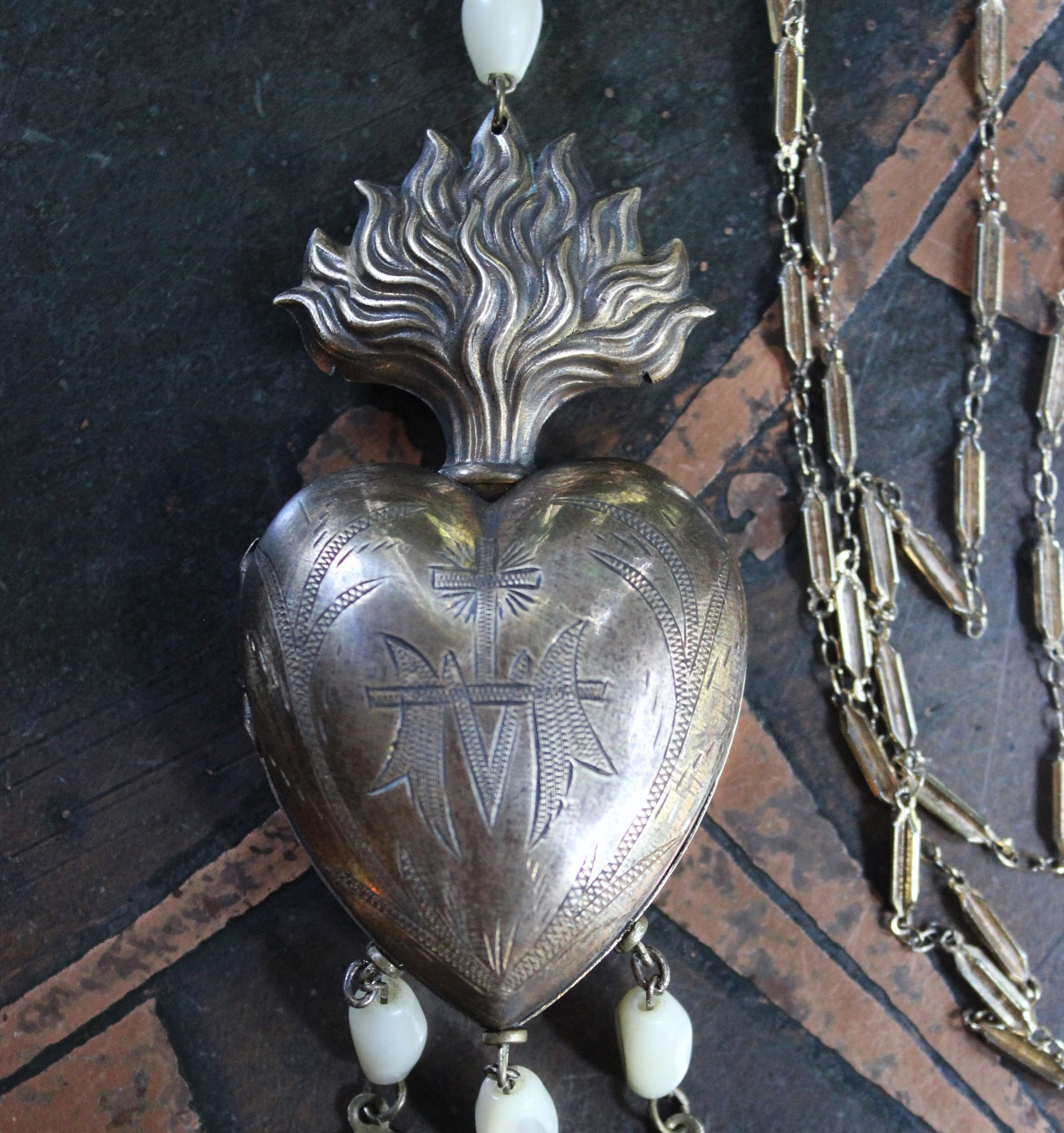 Antique French Marian Flaming Heart Ex Voto Locket Necklace with Antique French Medals, Antique Rosary Mother of Pearl Beads,Unique Antique Chain