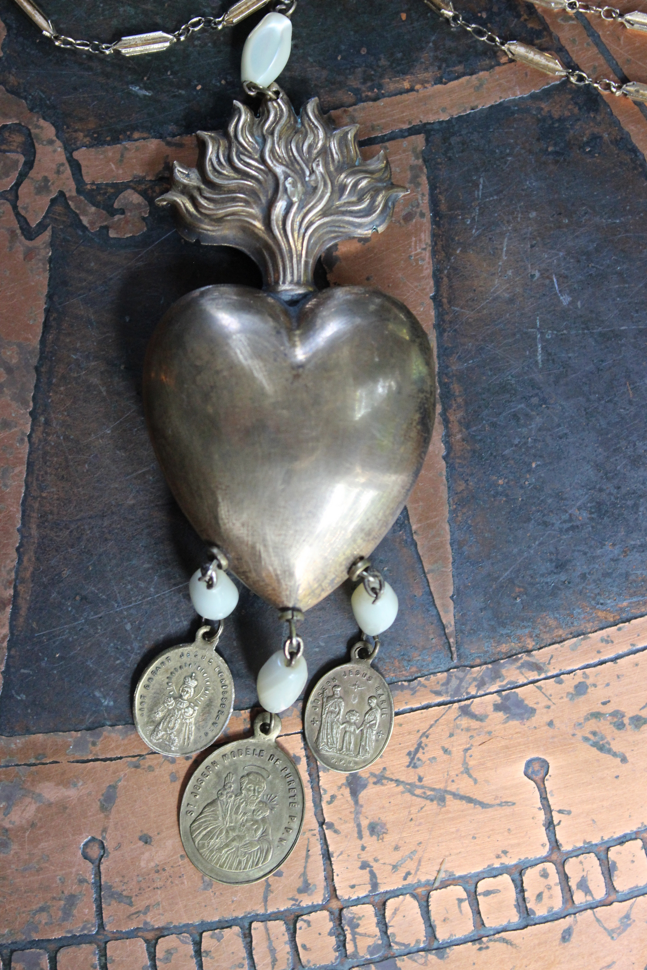 Antique French Marian Flaming Heart Ex Voto Locket Necklace with Antique French Medals, Antique Rosary Mother of Pearl Beads,Unique Antique Chain