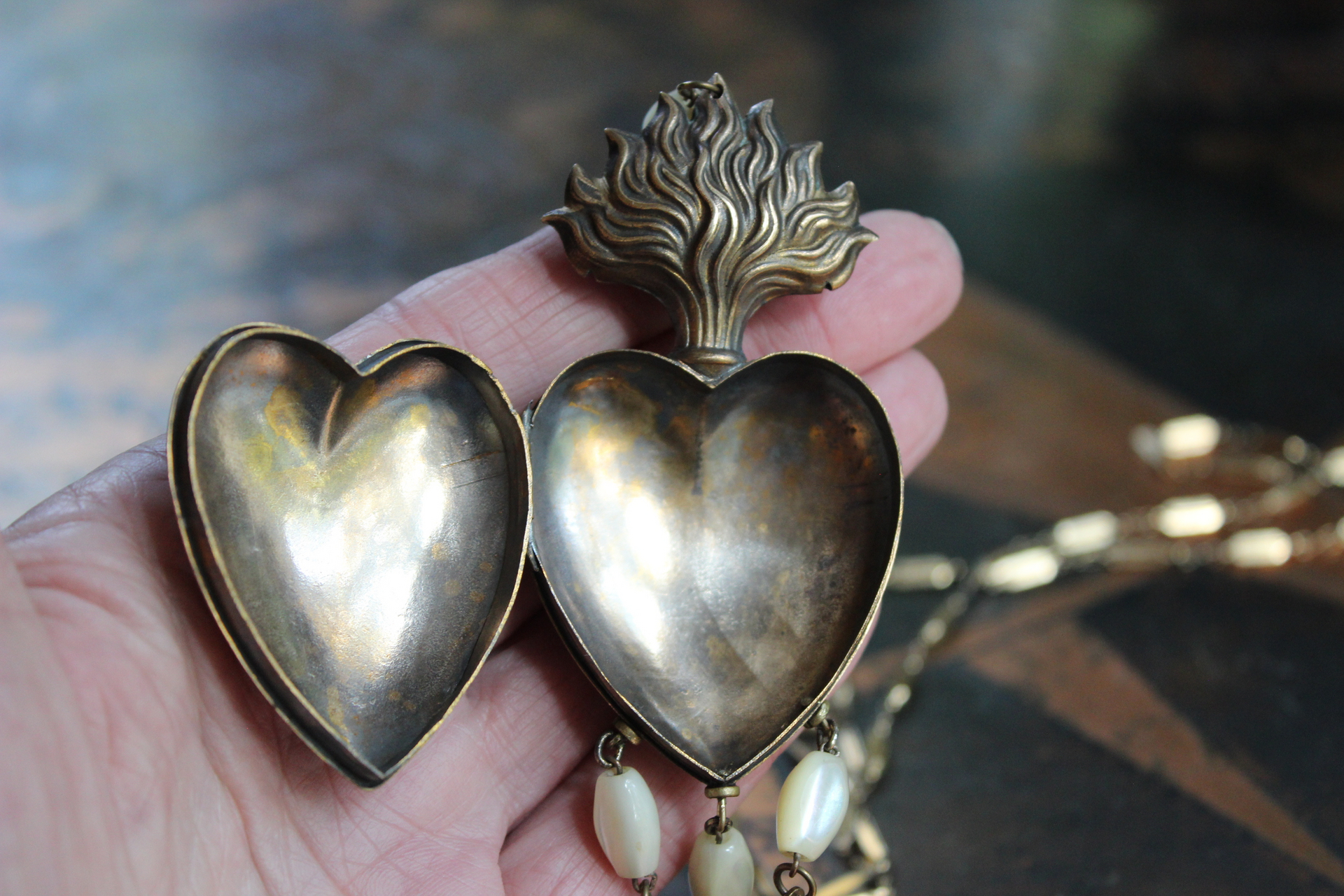 Antique French Marian Flaming Heart Ex Voto Locket Necklace with Antique French Medals, Antique Rosary Mother of Pearl Beads,Unique Antique Chain
