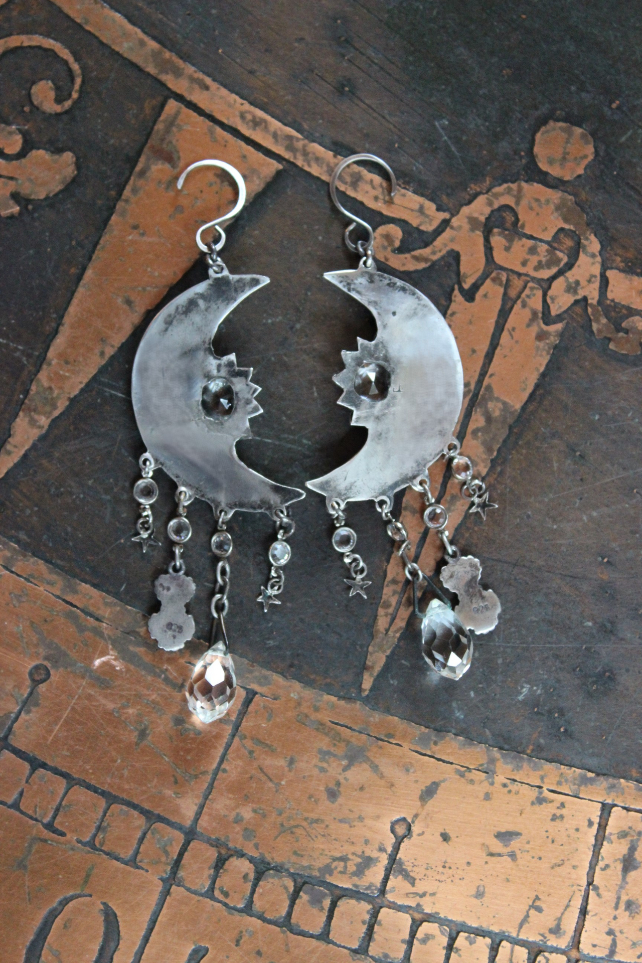 Light Persists Earrings w/Intricate Antique Sterling Crescent Moons, Tiny Sterling Stars, Faceted Rock Crystal Tear Drops,Sterling Heart Cross