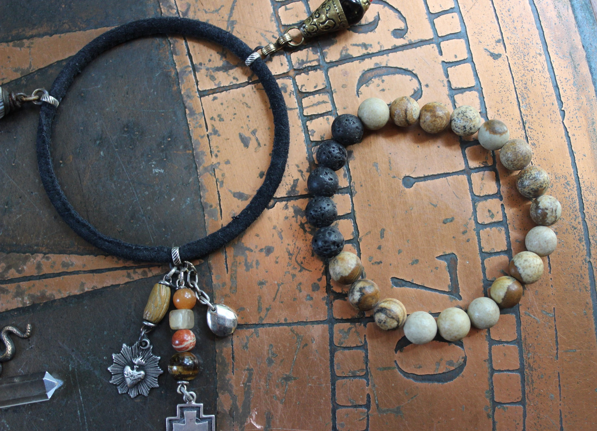 Set of Five Bangles with Suede and Distressed Leather, Sterling Capped Rock Quartz Point, Unique Drops, Sterling Cross, Druzy Crystal Heart & More!
