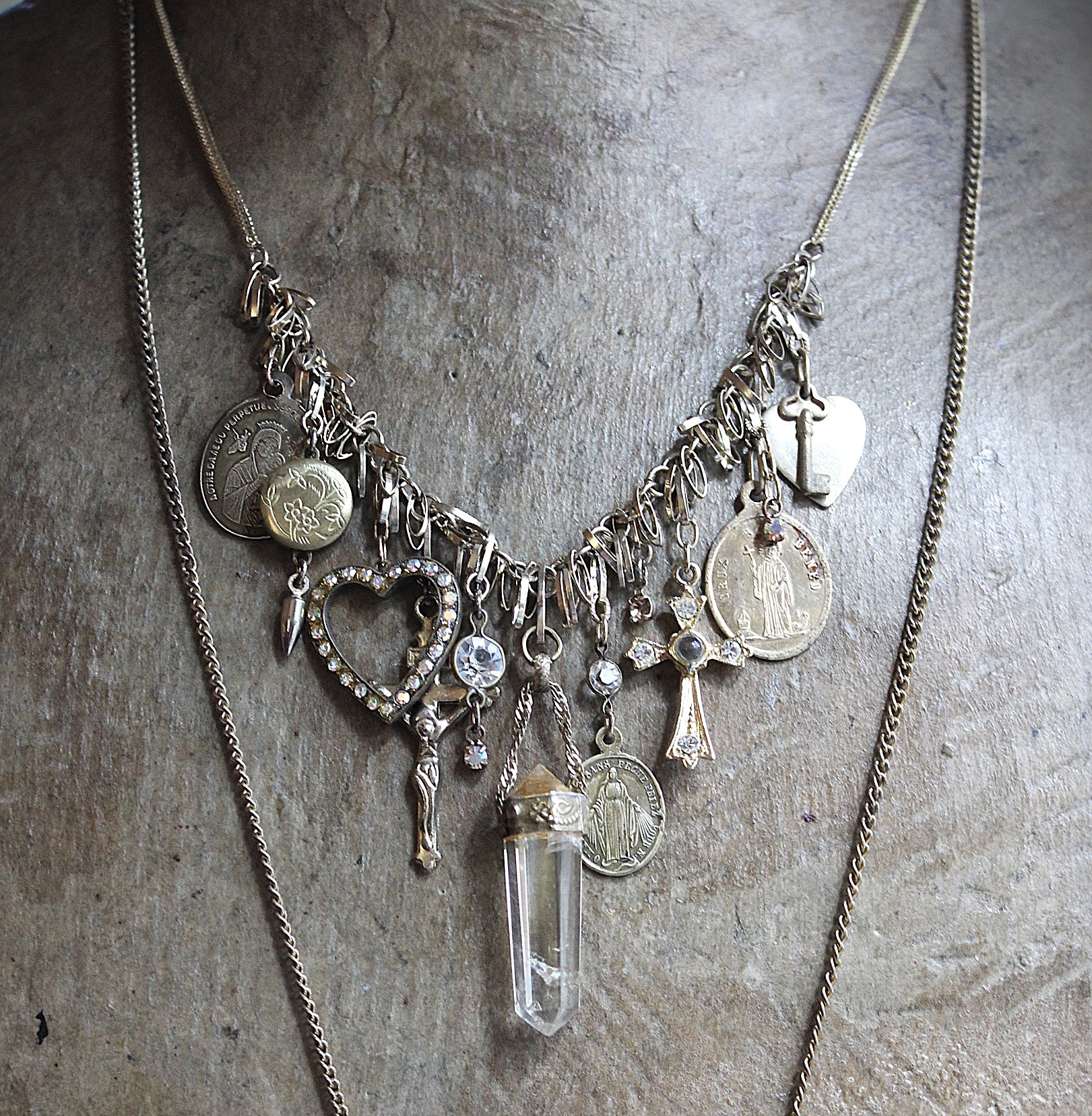 Charm Necklace Set with Solid Perfume Pendant Locket, Quartz Point Drops,Antique French Medals,Hearts,Locket & More!