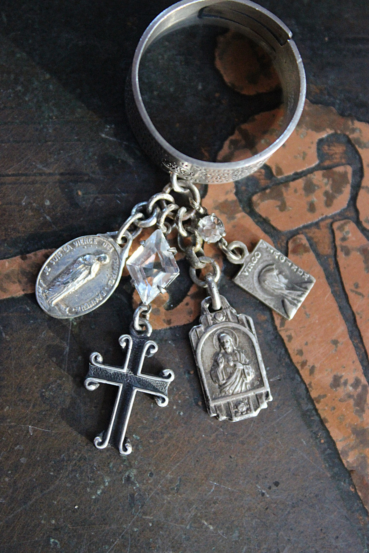 Artist Signed Engraved Sterling Ring w/Hail Mary in Spanish/Portuguese,Small Sterling Cross,Tiny Antique French Medals,Antique Faceted Rock Crystal Connectors