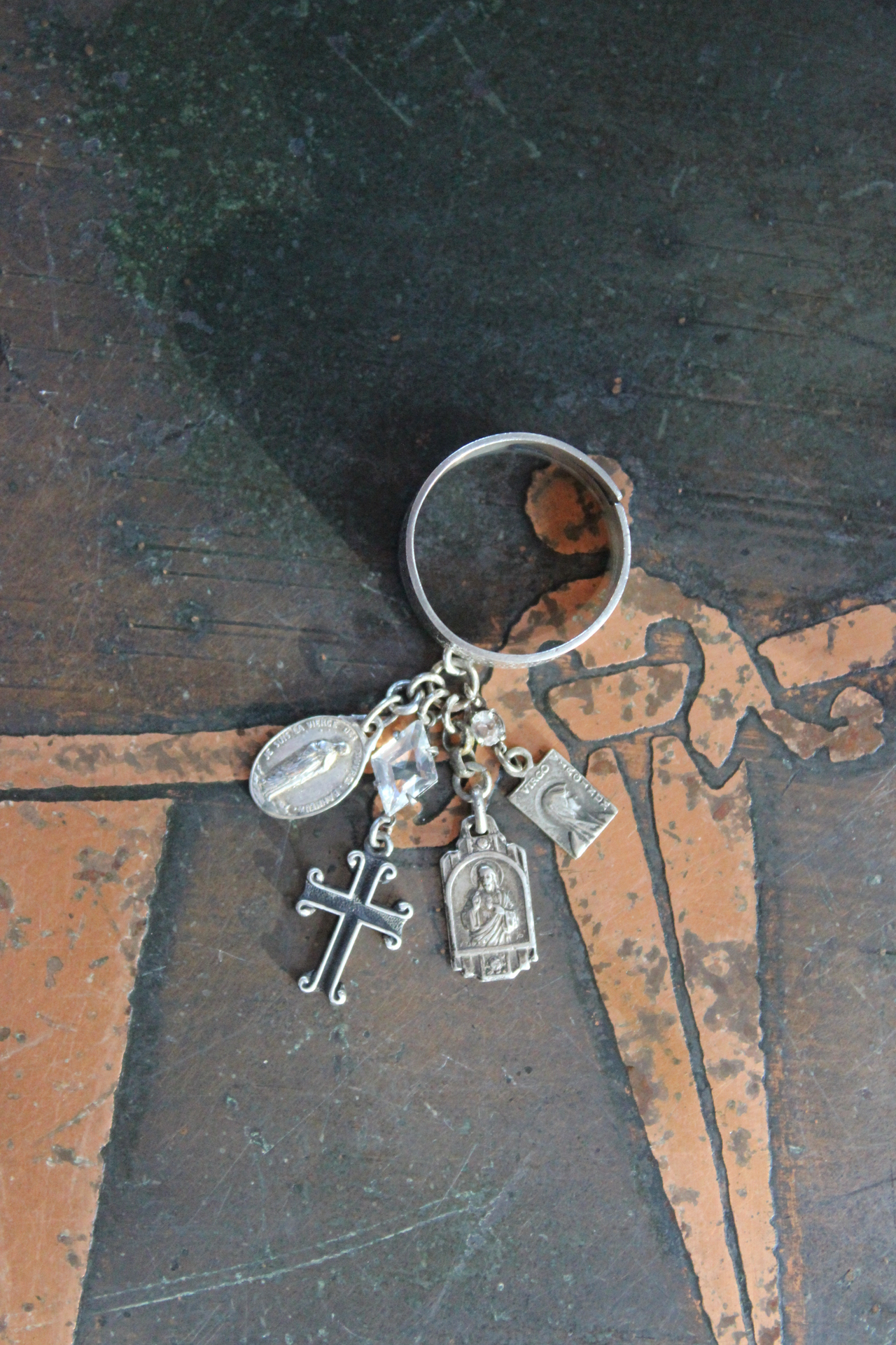 Artist Signed Engraved Sterling Ring w/Hail Mary in Spanish/Portuguese,Small Sterling Cross,Tiny Antique French Medals,Antique Faceted Rock Crystal Connectors