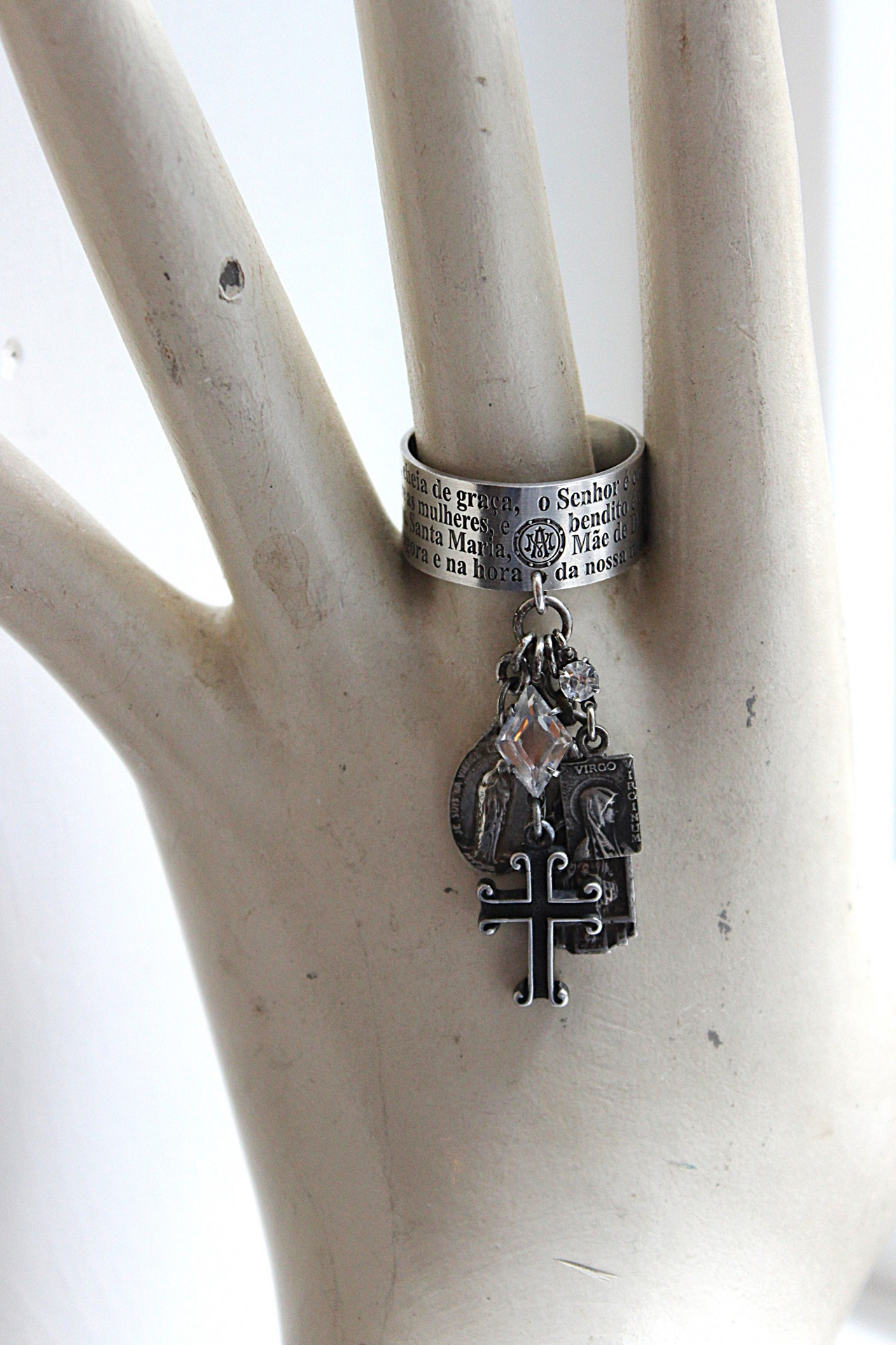 Artist Signed Engraved Sterling Ring w/Hail Mary in Spanish/Portuguese,Small Sterling Cross,Tiny Antique French Medals,Antique Faceted Rock Crystal Connectors