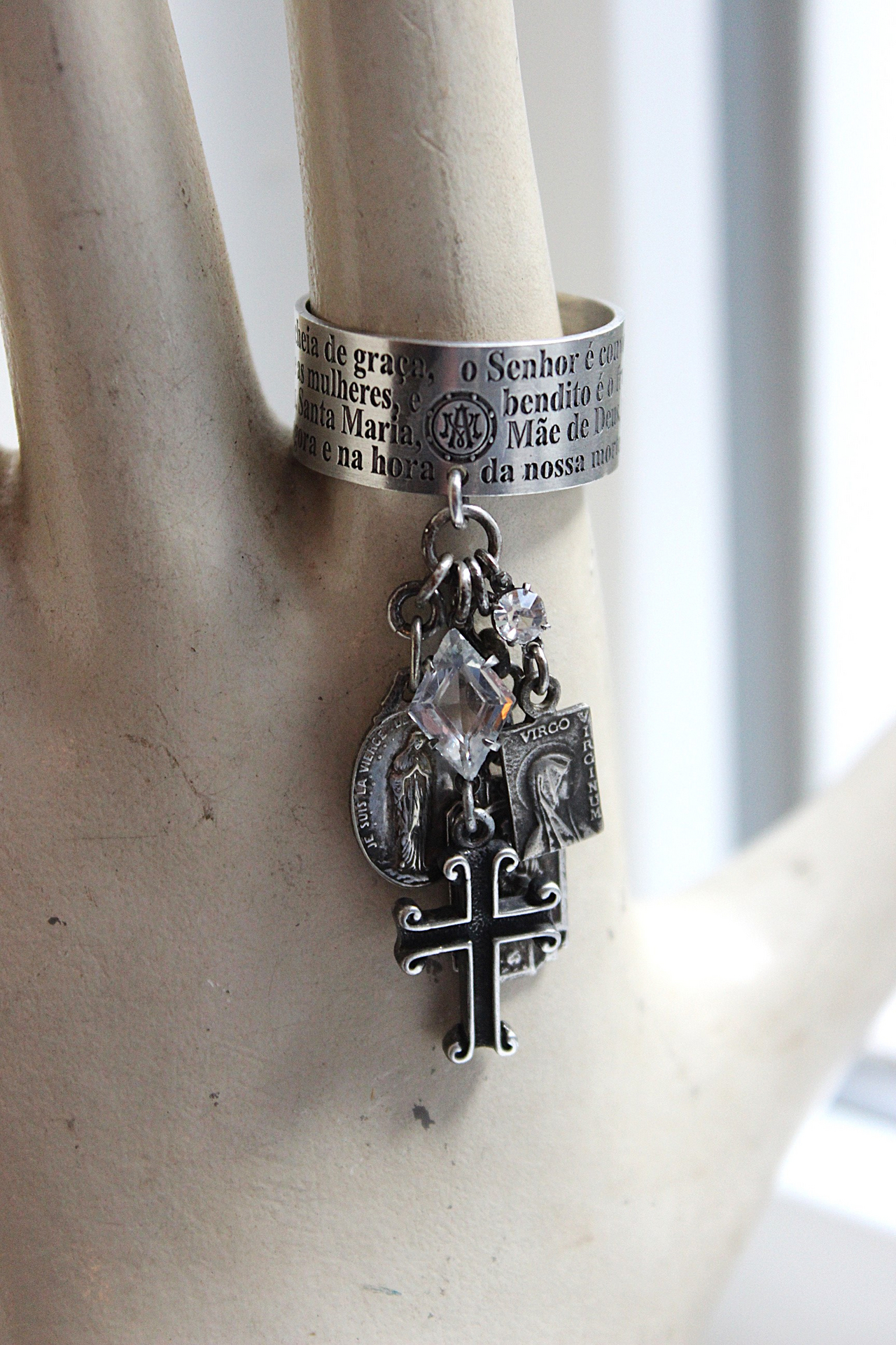 Artist Signed Engraved Sterling Ring w/Hail Mary in Spanish/Portuguese,Small Sterling Cross,Tiny Antique French Medals,Antique Faceted Rock Crystal Connectors