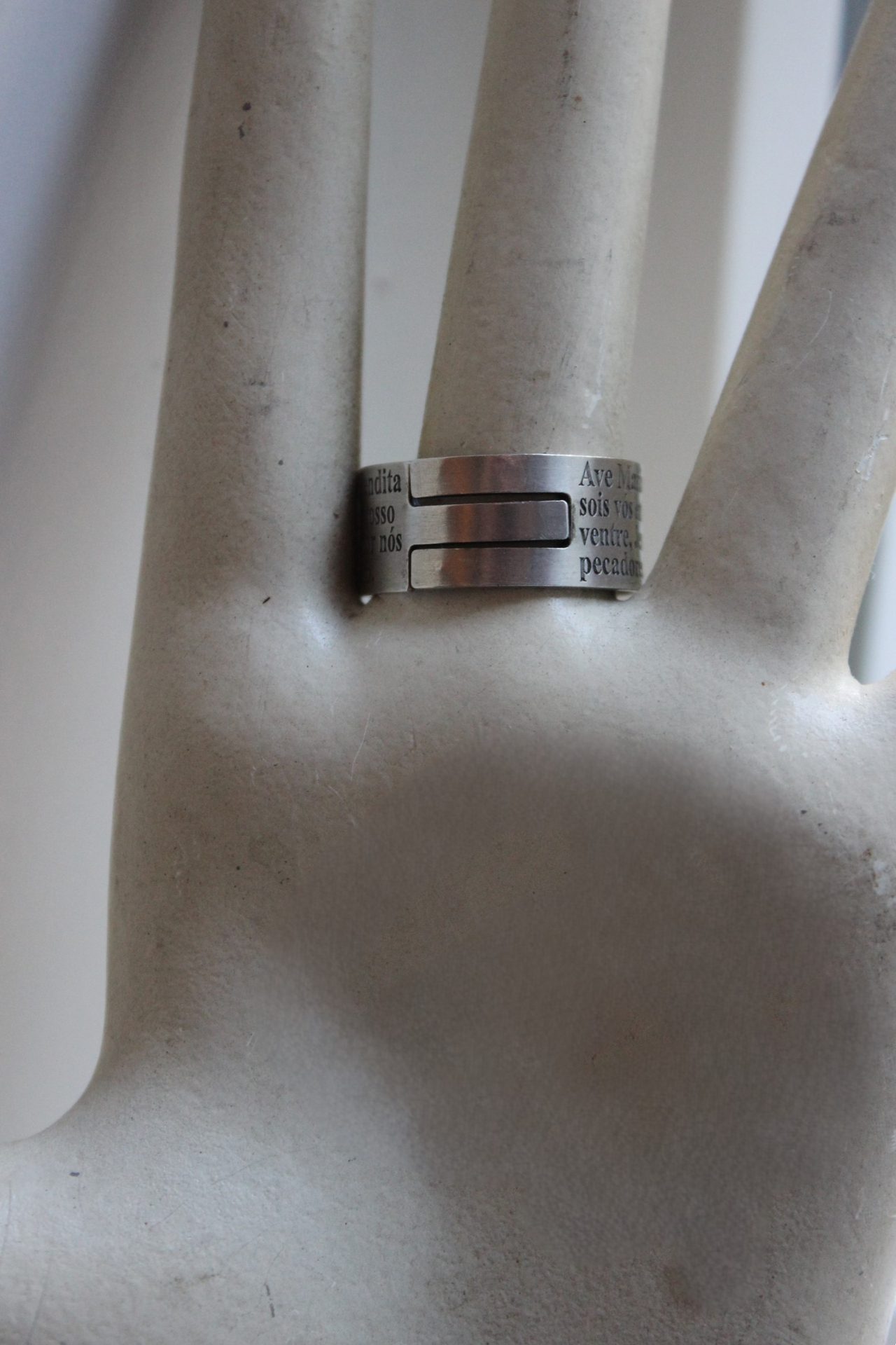Artist Signed Engraved Sterling Ring w/Hail Mary in Spanish/Portuguese,Small Sterling Cross,Tiny Antique French Medals,Antique Faceted Rock Crystal Connectors