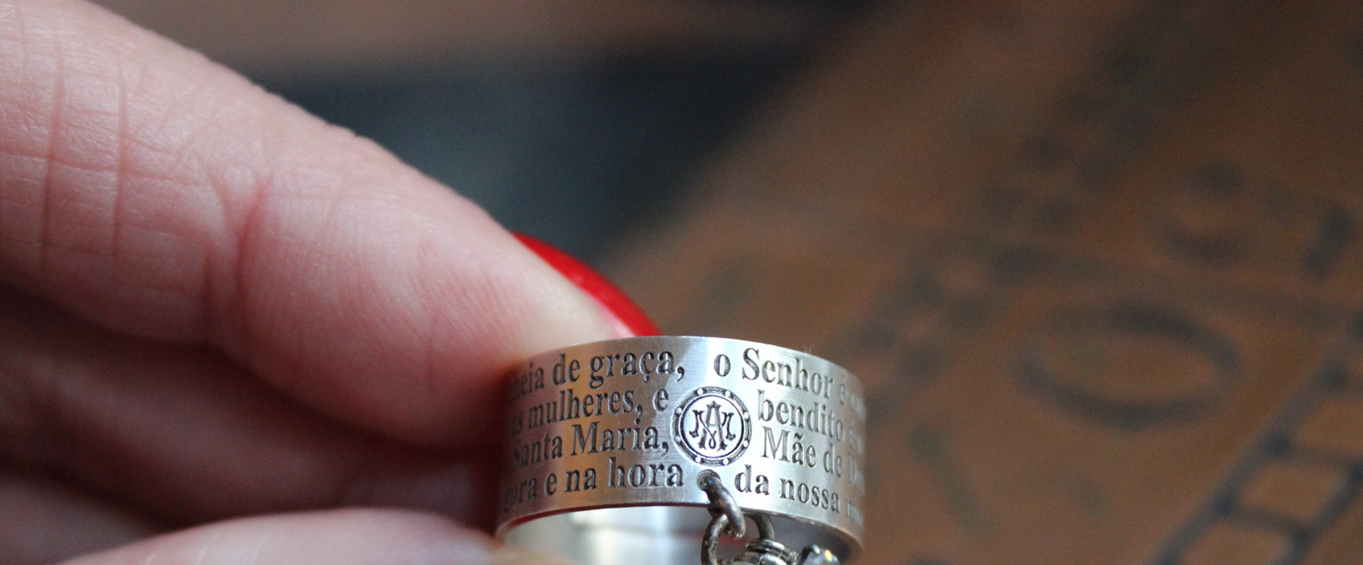 Artist Signed Engraved Sterling Ring w/Hail Mary in Spanish/Portuguese,Small Sterling Cross,Tiny Antique French Medals,Antique Faceted Rock Crystal Connectors