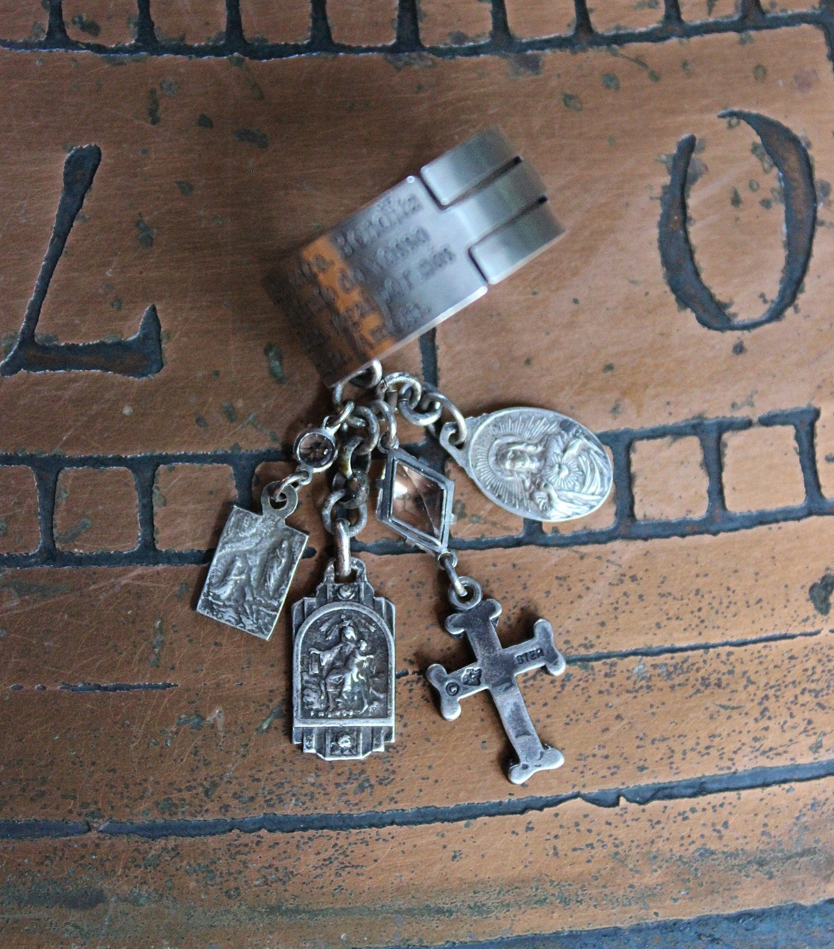 Artist Signed Engraved Sterling Ring w/Hail Mary in Spanish/Portuguese,Small Sterling Cross,Tiny Antique French Medals,Antique Faceted Rock Crystal Connectors