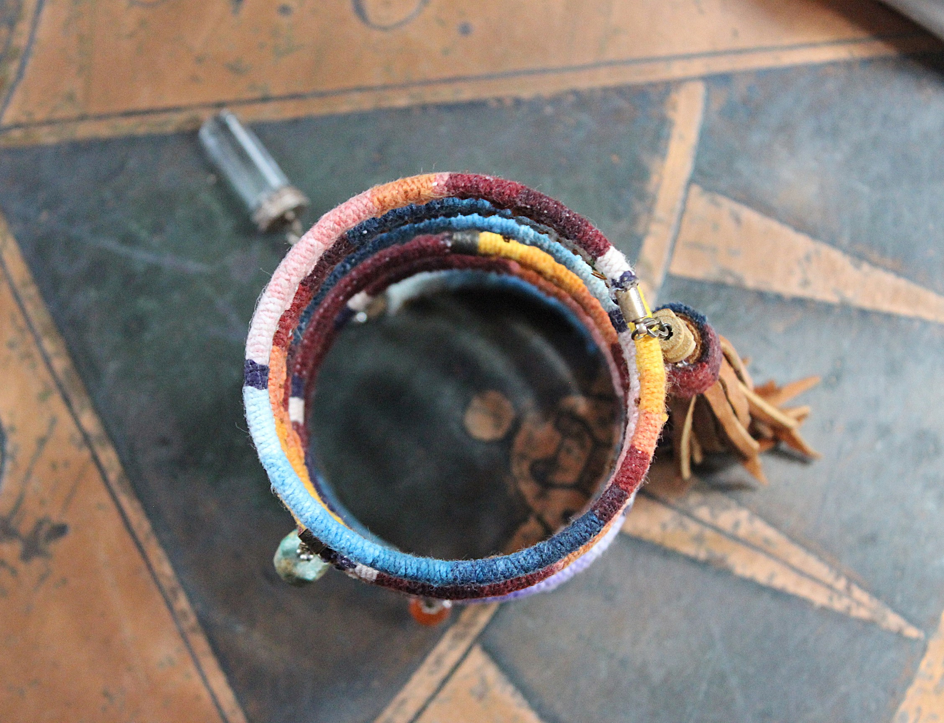Antique Serape Textile Coil Bracelet with Sterling Capped Quartz Point, Serape Capped Leather Tassel,Faceted Gemstone & Turquoise Drops