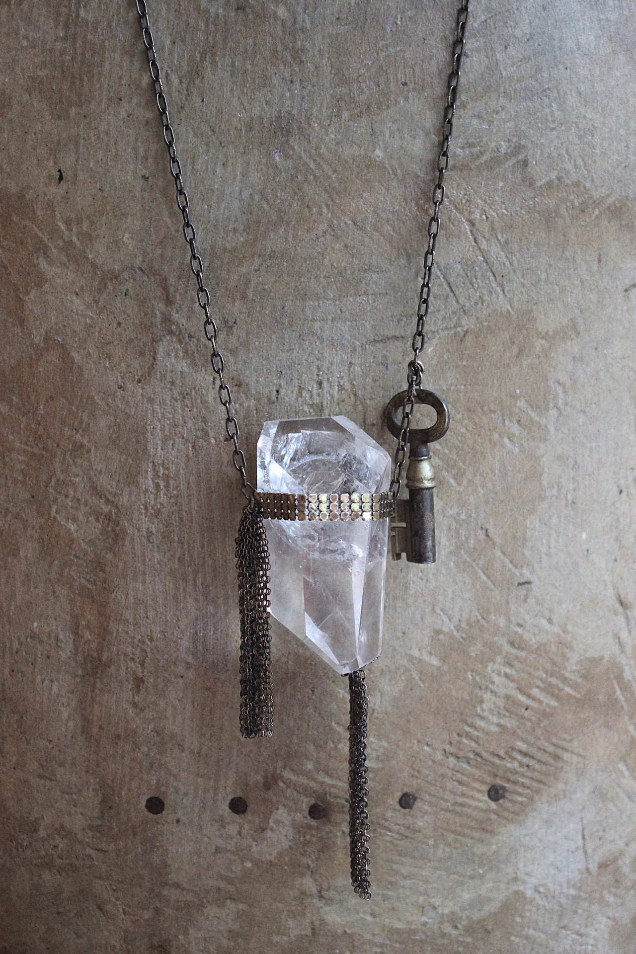 The Key Necklace with Unique Clear Quartz Pendant and Antique Padlock Key