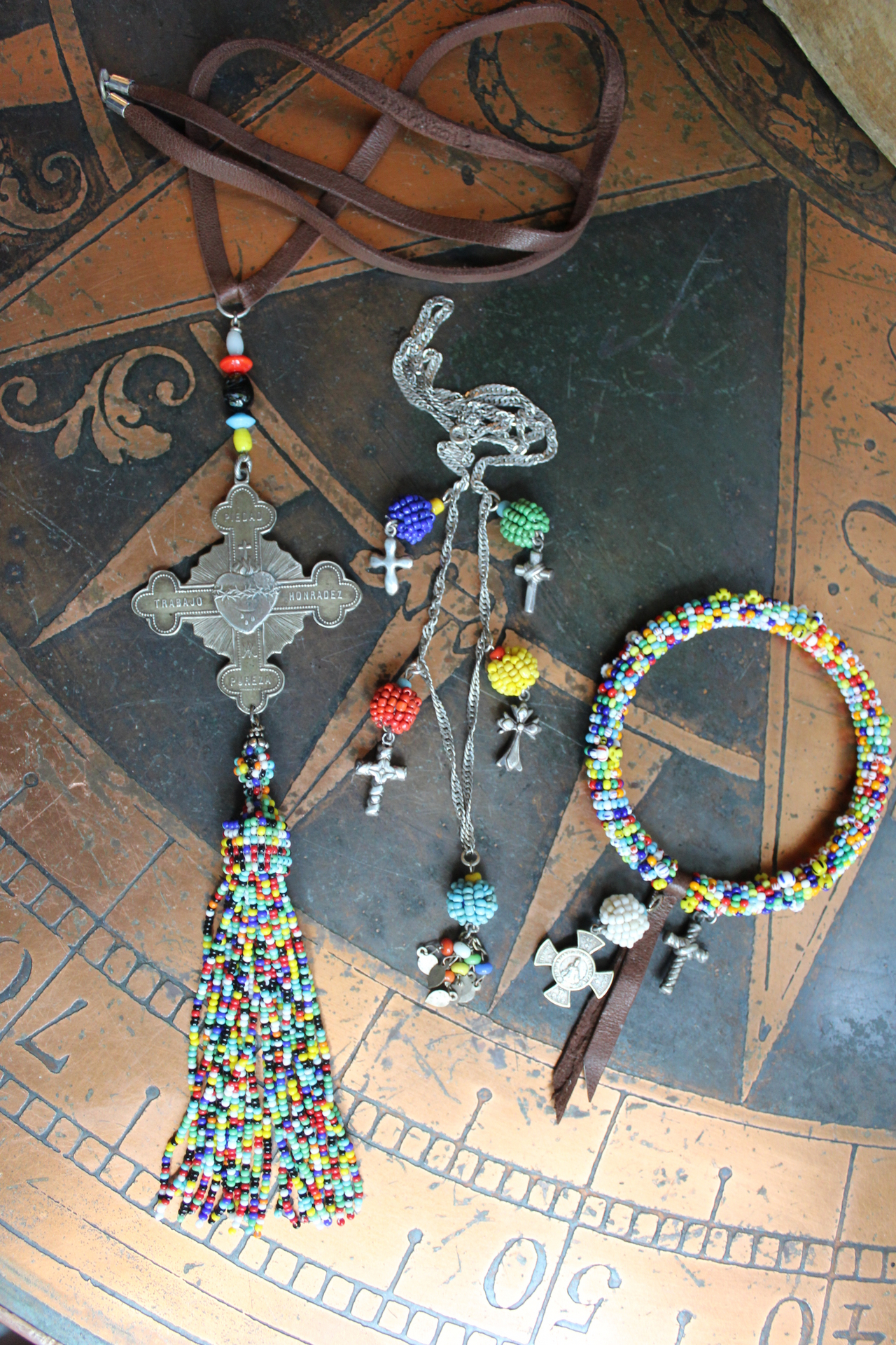 Work, Honesty, Devotion, Purity Necklace & Bracelet Set w/Amazing 1899 Sacred Heart 4 Way Cross,Antique Seed Bead Connectors,4 Sterling Crosses++