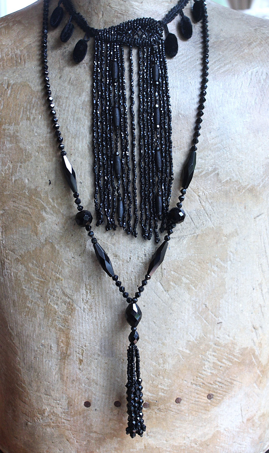 Antique French Jet Bead Necklace Set with Antique French Velvet Bobble Trim,Beaded Applique and Faceted Jet Bead Chain and Tassel