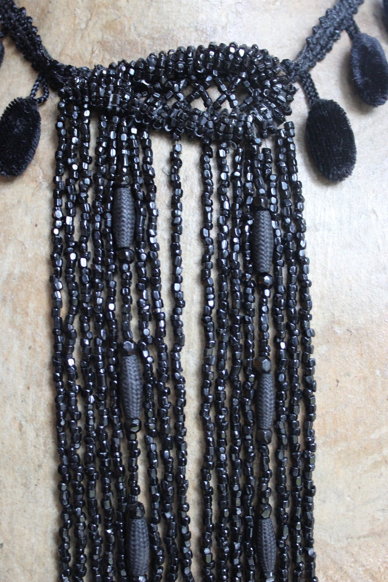 Antique French Jet Bead Necklace Set with Antique French Velvet Bobble Trim,Beaded Applique and Faceted Jet Bead Chain and Tassel