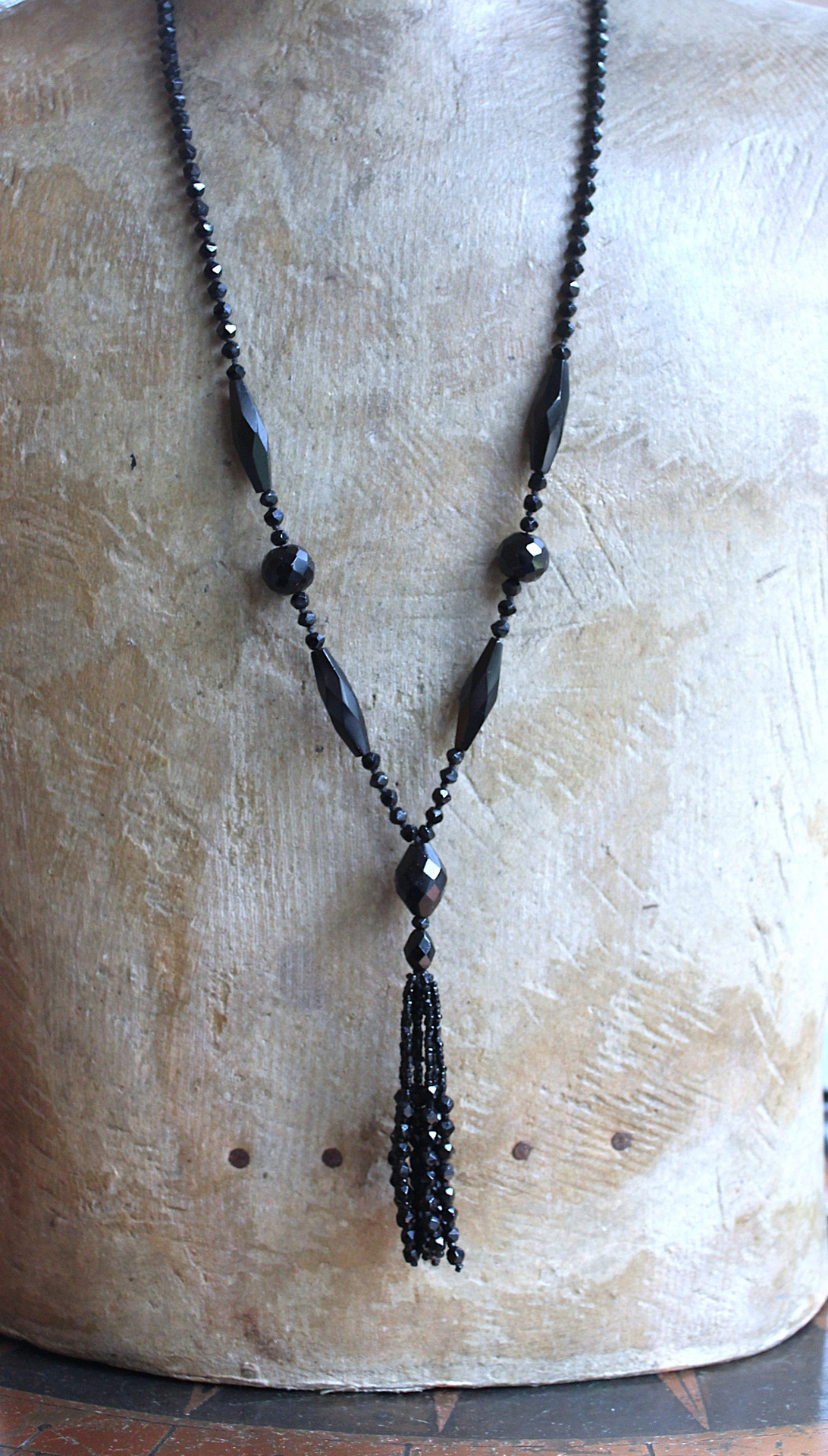Antique French Jet Bead Necklace Set with Antique French Velvet Bobble Trim,Beaded Applique and Faceted Jet Bead Chain and Tassel