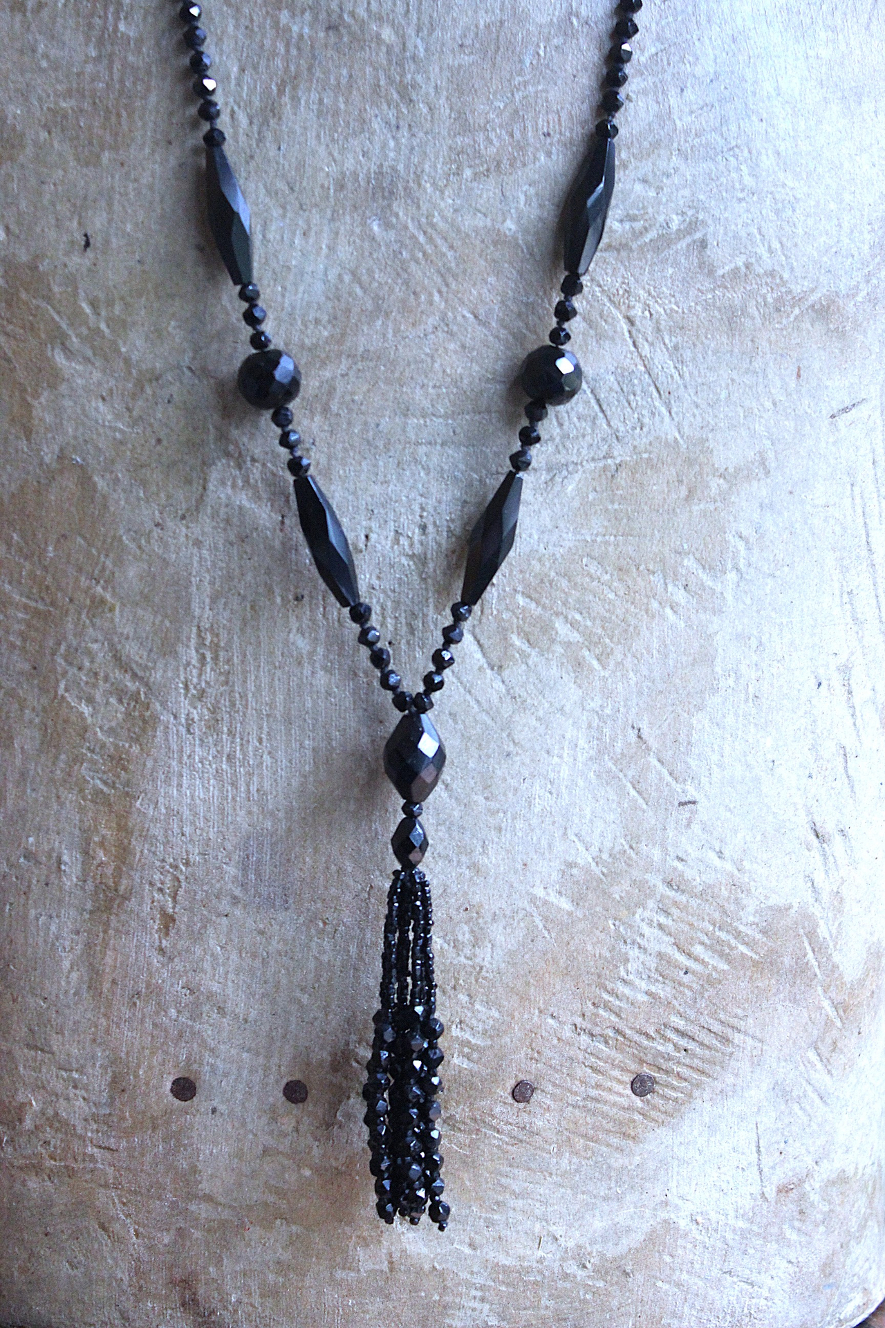 Antique French Jet Bead Necklace Set with Antique French Velvet Bobble Trim,Beaded Applique and Faceted Jet Bead Chain and Tassel