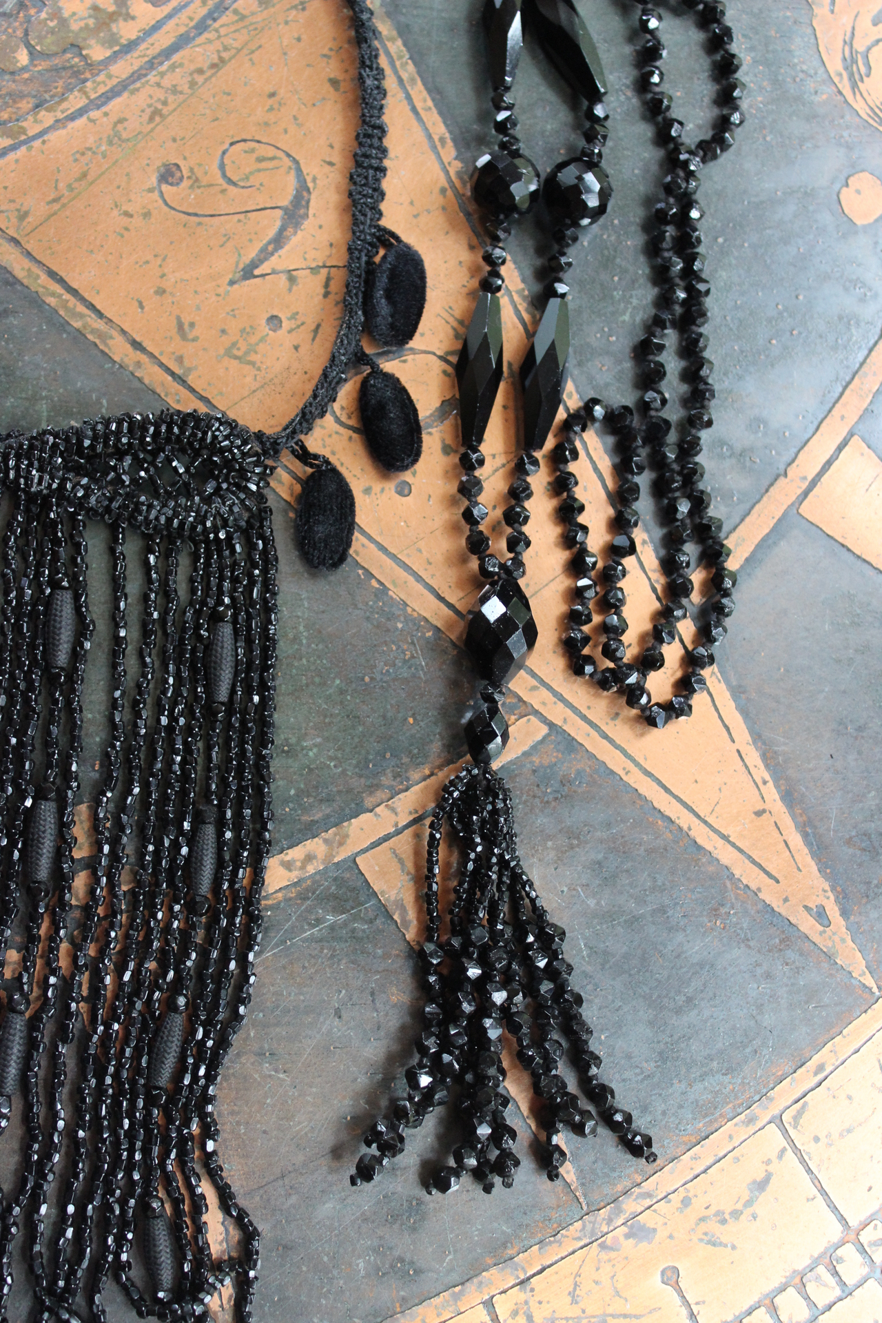 Antique French Jet Bead Necklace Set with Antique French Velvet Bobble Trim,Beaded Applique and Faceted Jet Bead Chain and Tassel