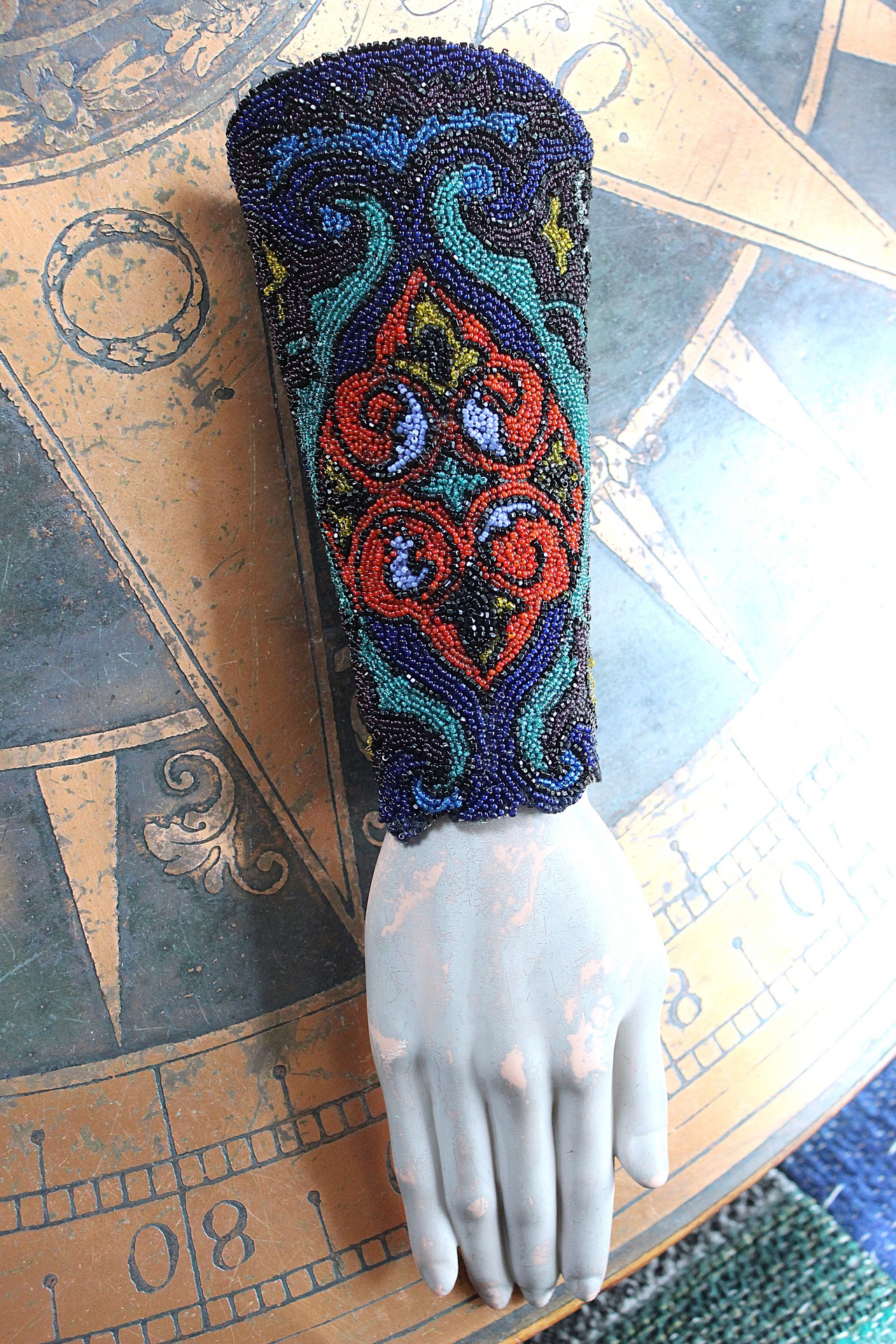Antique Goddess Gauntlet Cuff with Amazing Antique Seed Bead Textile, Antique Ledger Journal Fabric Lining & Antique Black Fabric Covered Buttons