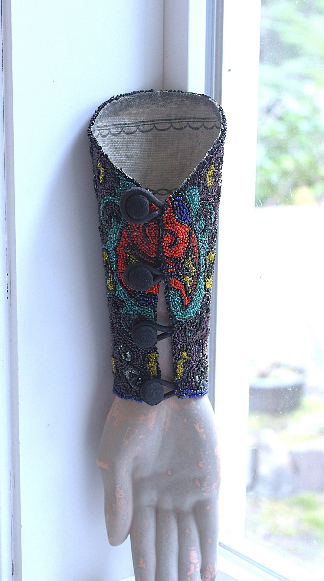 Antique Goddess Gauntlet Cuff with Amazing Antique Seed Bead Textile, Antique Ledger Journal Fabric Lining & Antique Black Fabric Covered Buttons