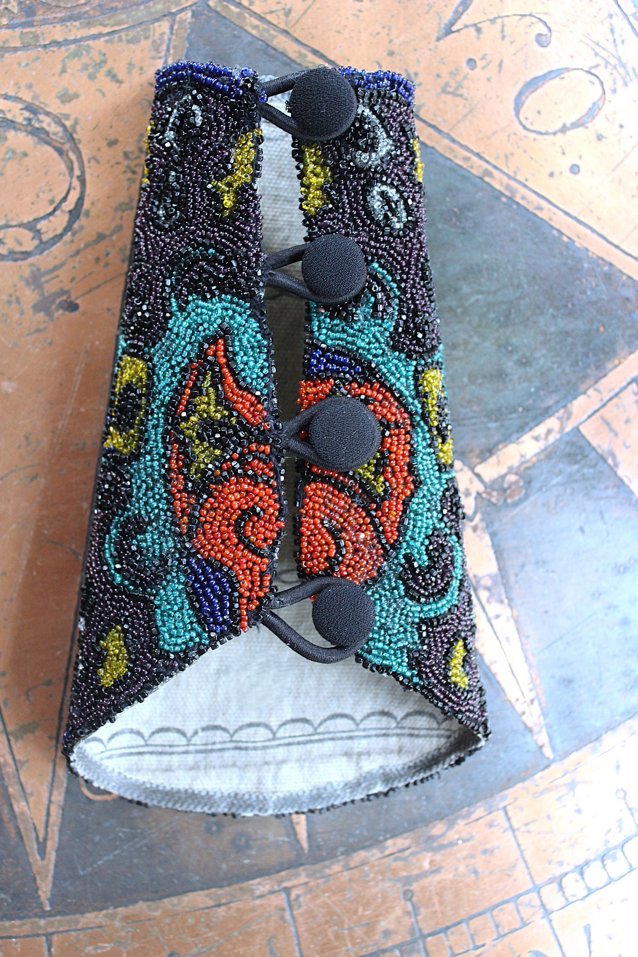 Antique Goddess Gauntlet Cuff with Amazing Antique Seed Bead Textile, Antique Ledger Journal Fabric Lining & Antique Black Fabric Covered Buttons