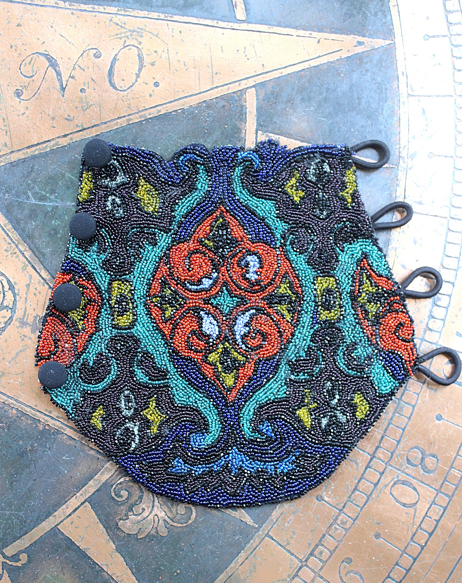 Antique Goddess Gauntlet Cuff with Amazing Antique Seed Bead Textile, Antique Ledger Journal Fabric Lining & Antique Black Fabric Covered Buttons