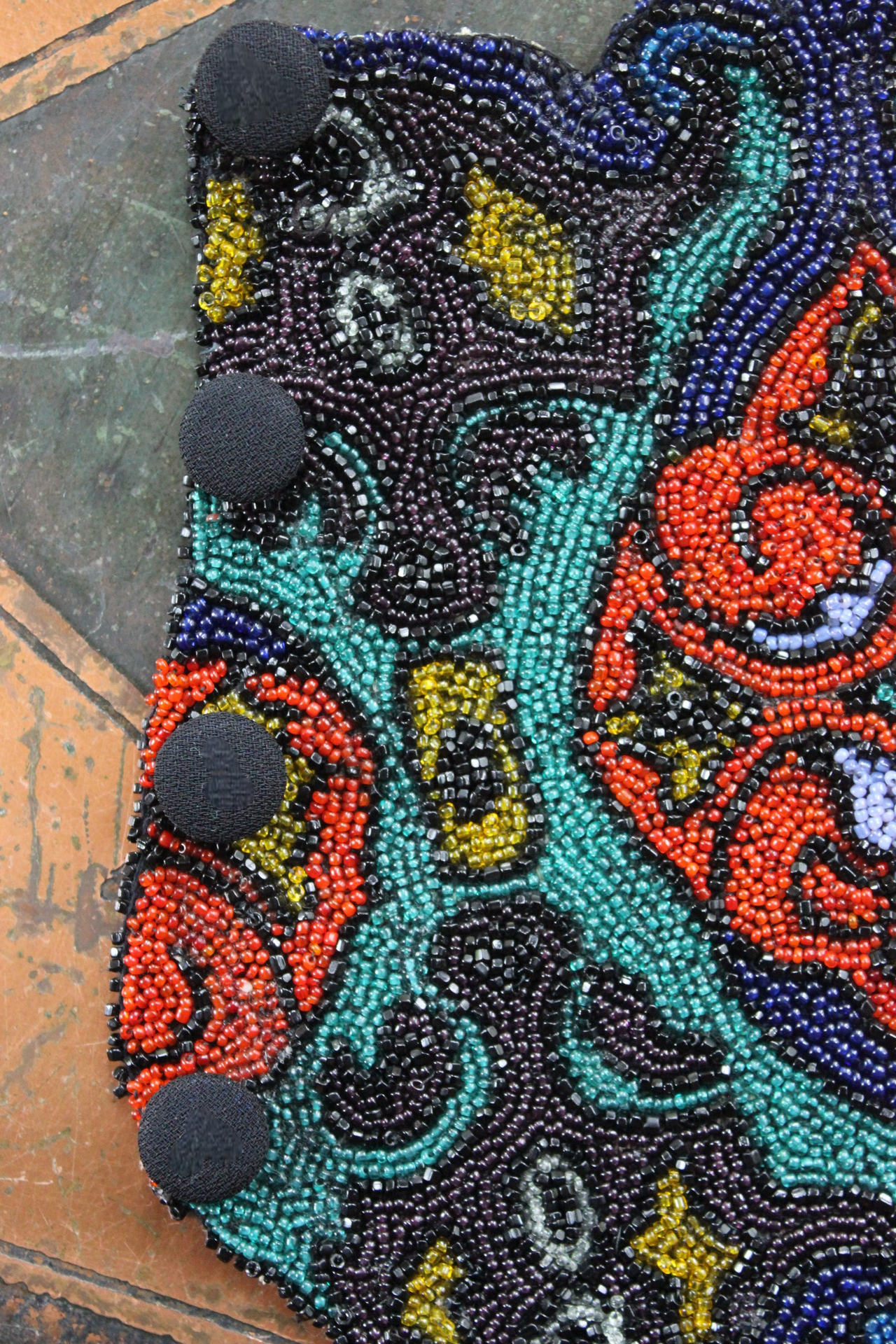 Antique Goddess Gauntlet Cuff with Amazing Antique Seed Bead Textile, Antique Ledger Journal Fabric Lining & Antique Black Fabric Covered Buttons