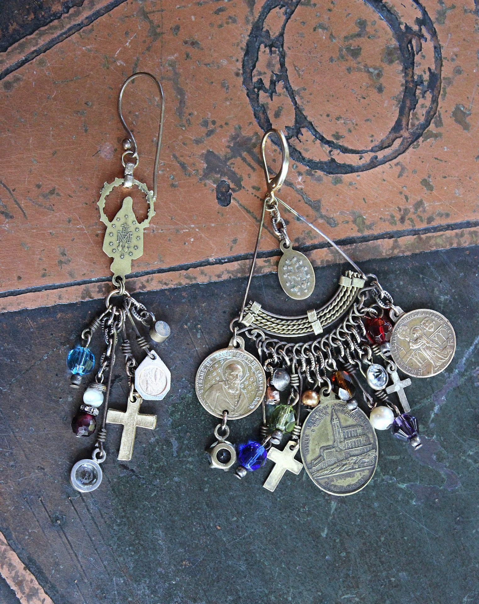 NEW! Asymmetrical Earrings with Antique French Rosary Connector & Medals, Multiple Faceted Bead Dangles,Antique Faceted Crystals and Crosses