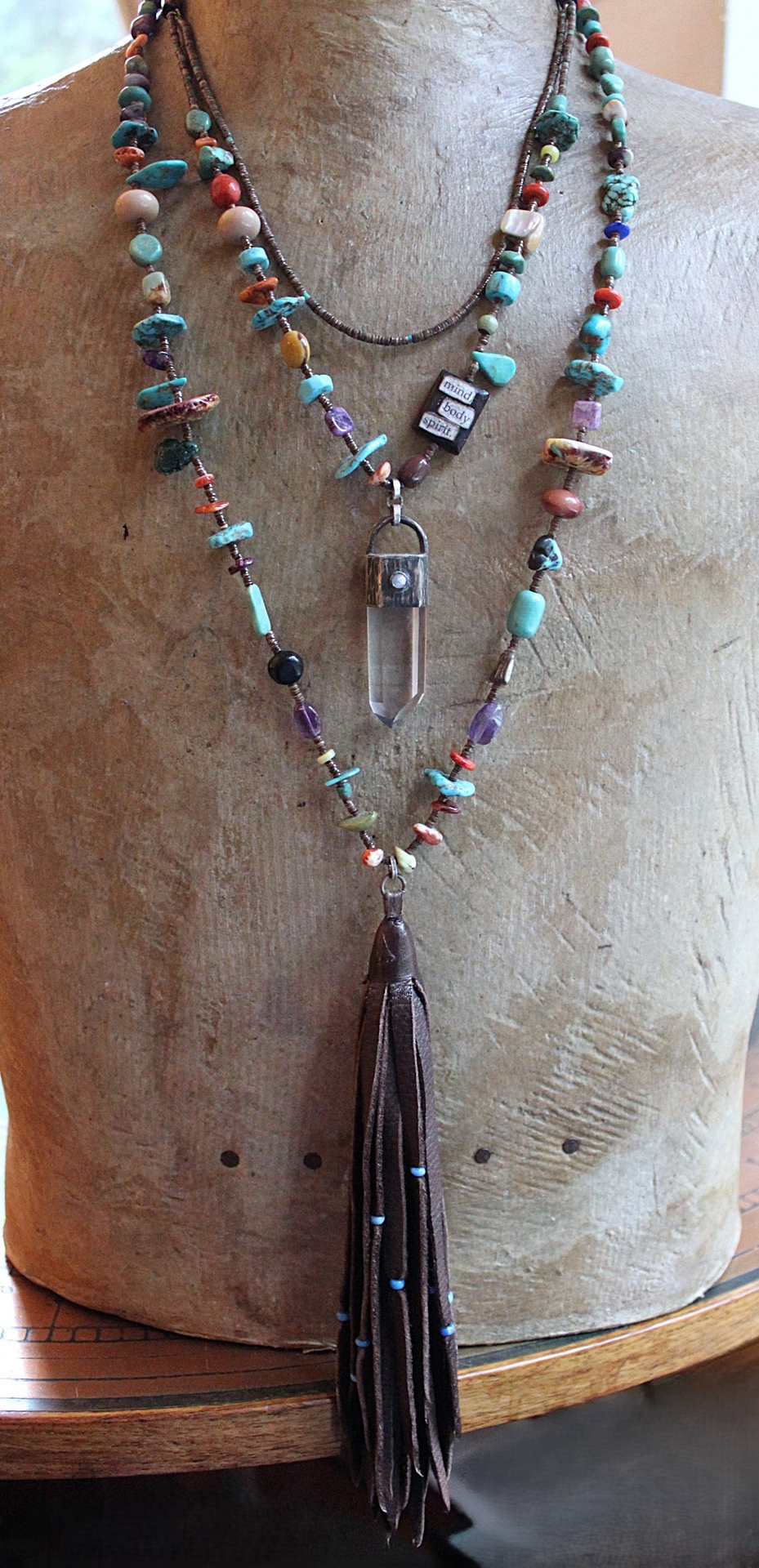 Mind, Body, Spirit Necklace Set w/Sterling Capped Water Clear Quartz Point,Butter Soft Leather Tassel & Amazing Antique Indian Beads