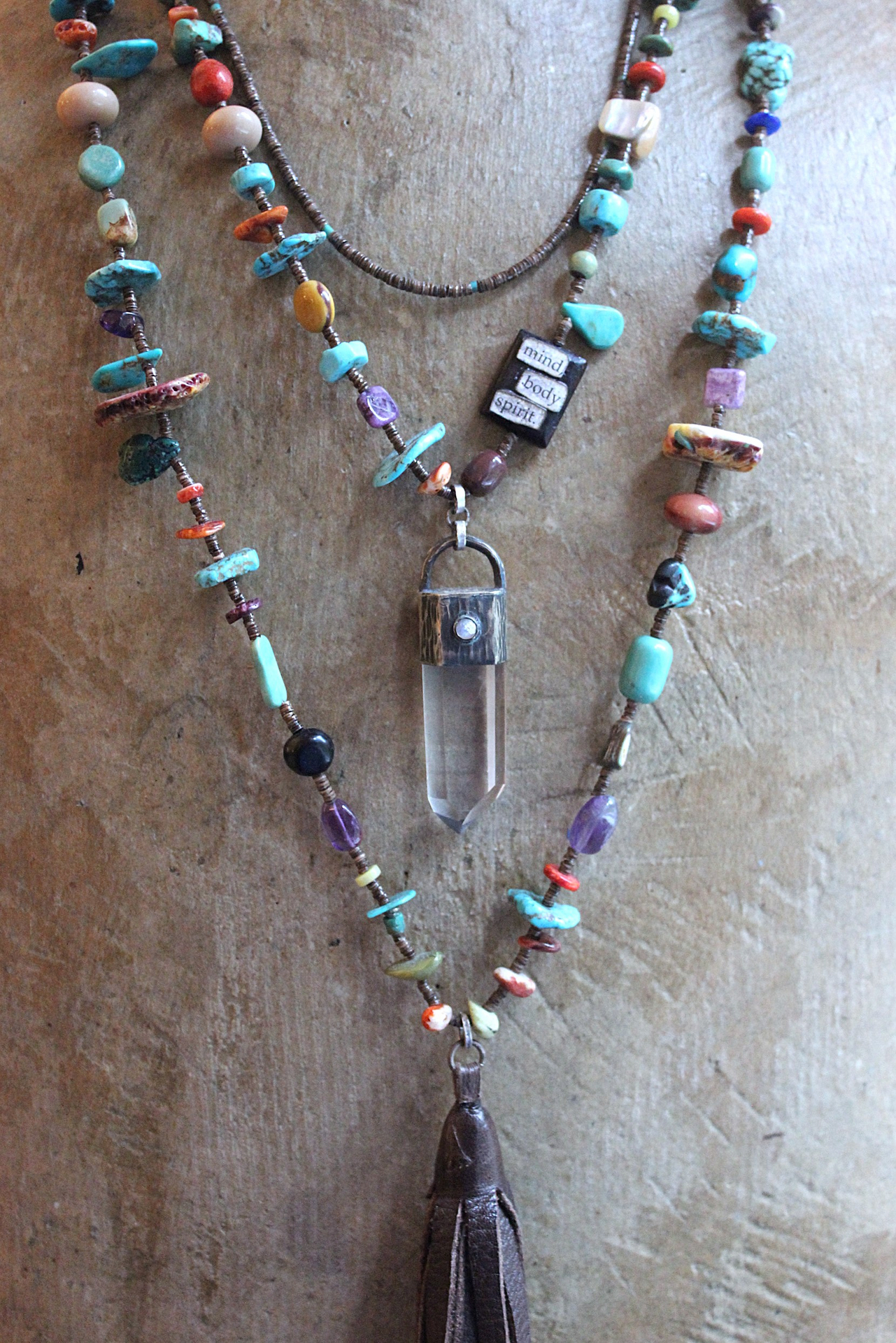 Mind, Body, Spirit Necklace Set w/Sterling Capped Water Clear Quartz Point,Butter Soft Leather Tassel & Amazing Antique Indian Beads