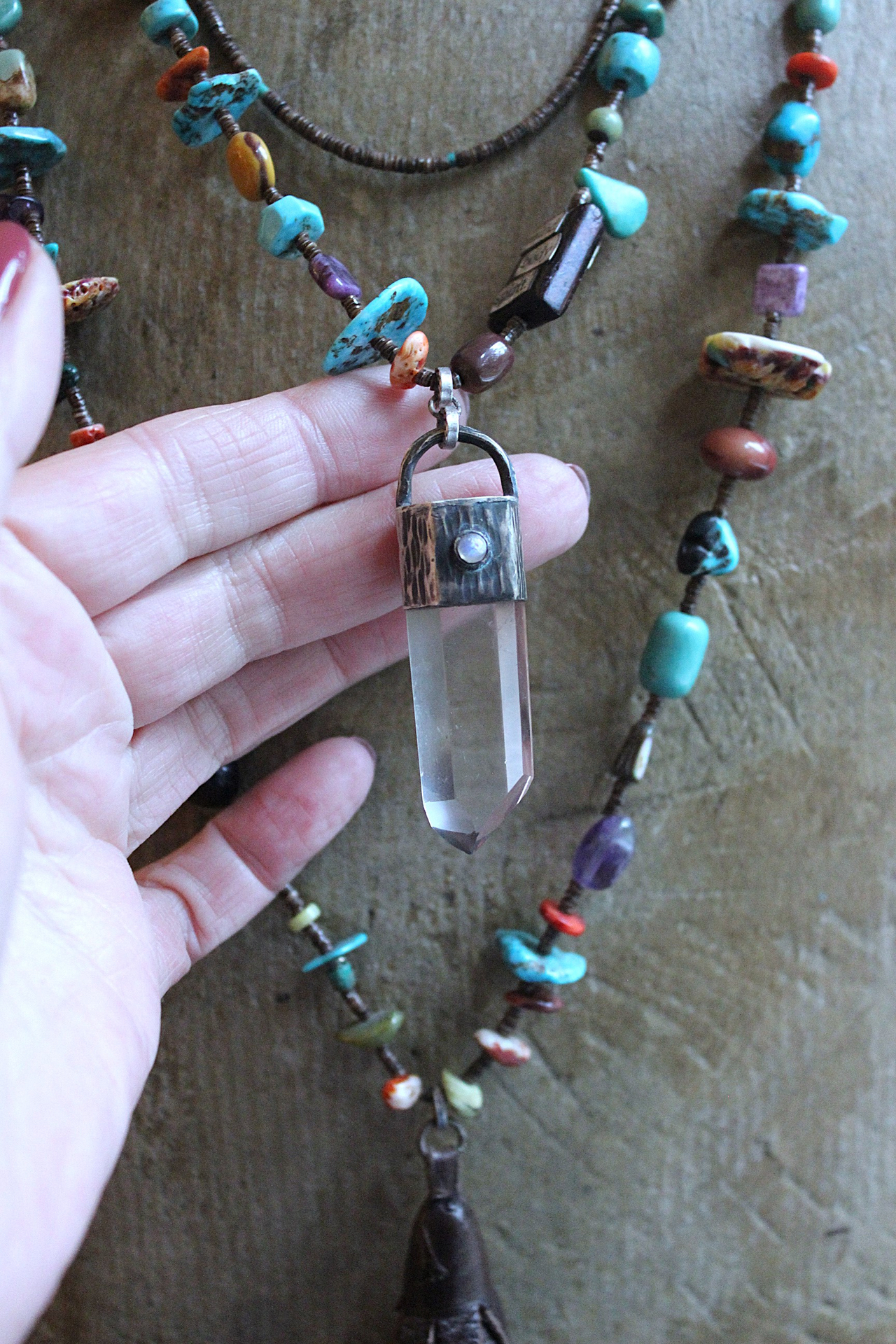 Mind, Body, Spirit Necklace Set w/Sterling Capped Water Clear Quartz Point,Butter Soft Leather Tassel & Amazing Antique Indian Beads
