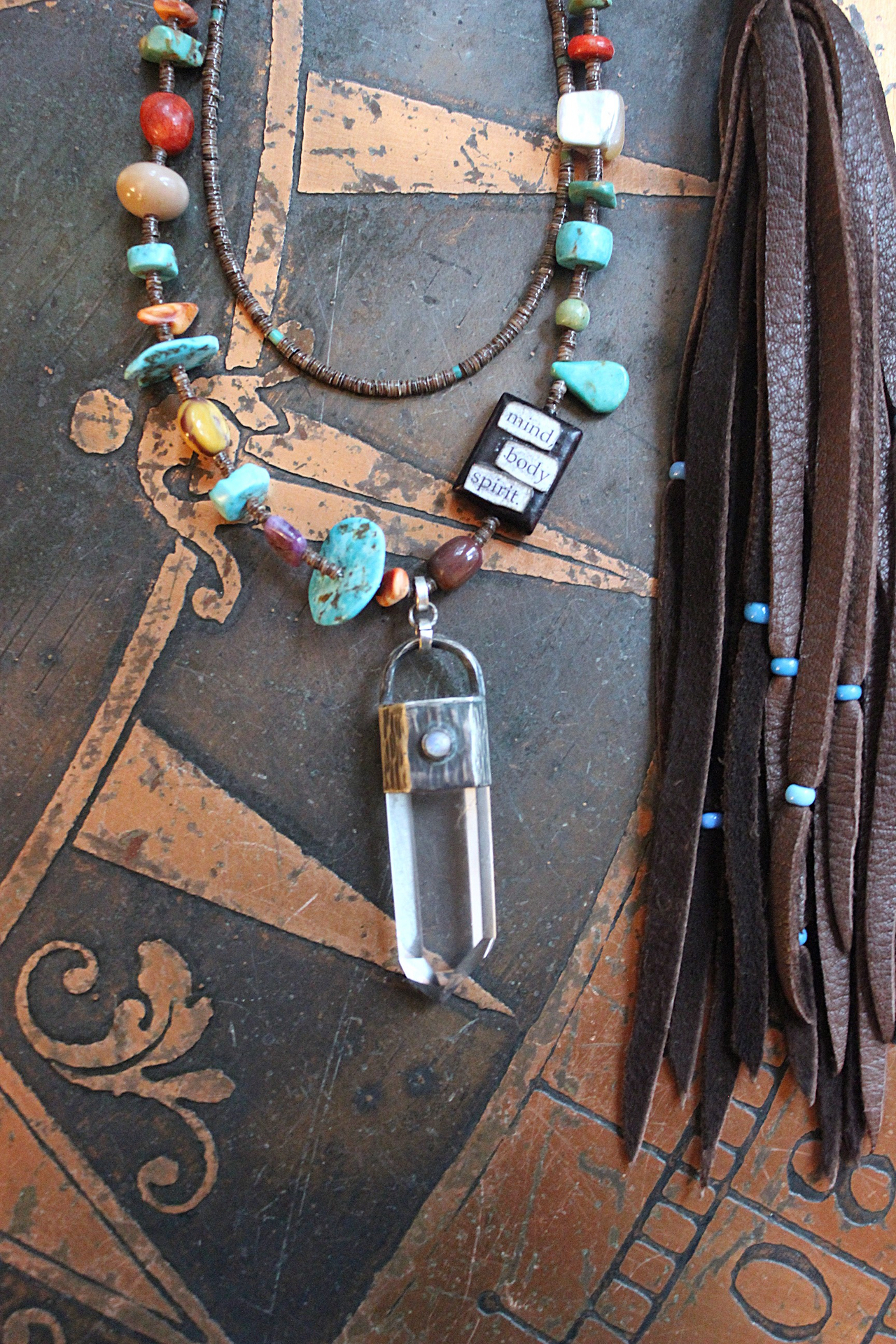 Mind, Body, Spirit Necklace Set w/Sterling Capped Water Clear Quartz Point,Butter Soft Leather Tassel & Amazing Antique Indian Beads