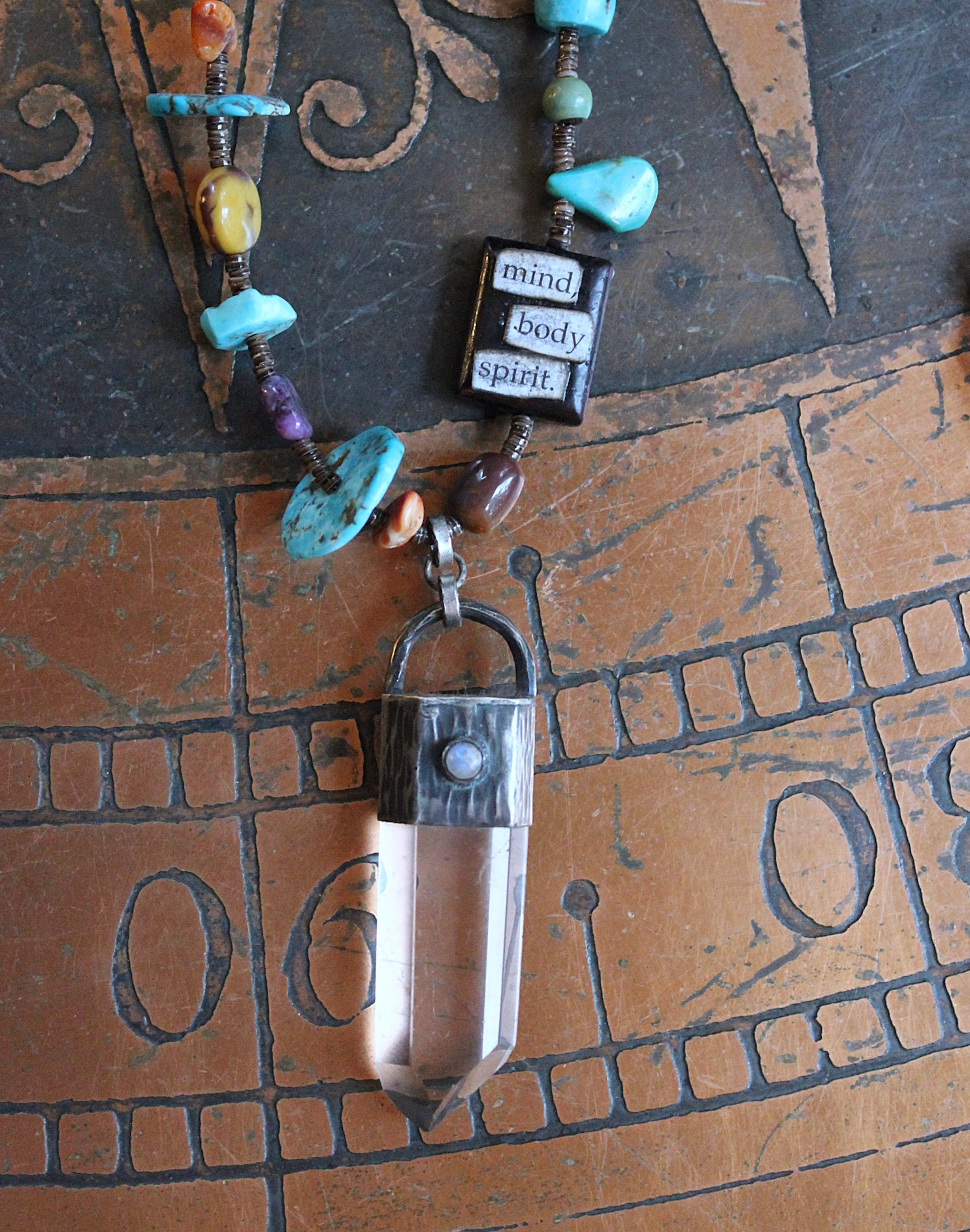 Mind, Body, Spirit Necklace Set w/Sterling Capped Water Clear Quartz Point,Butter Soft Leather Tassel & Amazing Antique Indian Beads