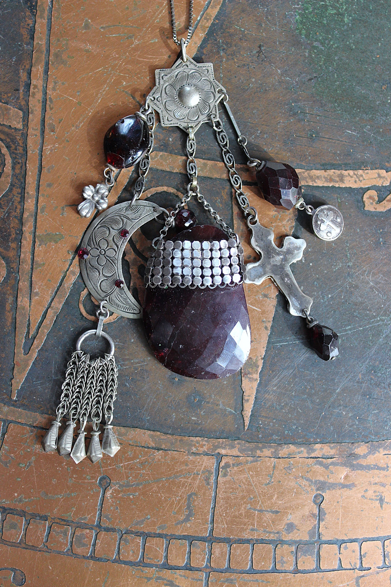 Dancing in my Blood Necklace with Amazing Large Faceted Rhodolite Garnet Pendant, Sterling Crosses, Silver Crescent Moon and More!