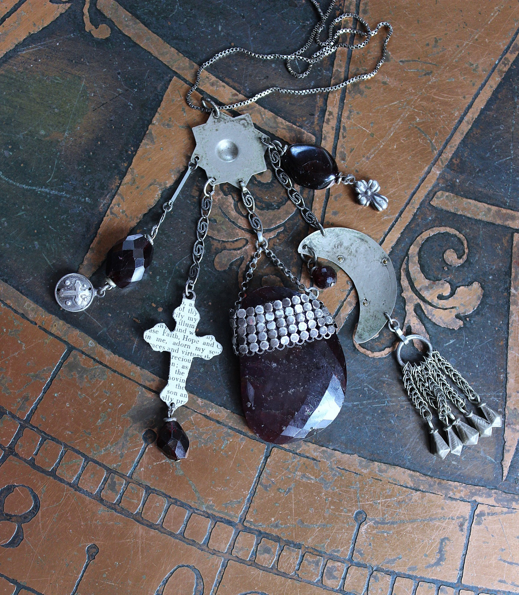 Dancing in my Blood Necklace with Amazing Large Faceted Rhodolite Garnet Pendant, Sterling Crosses, Silver Crescent Moon and More!